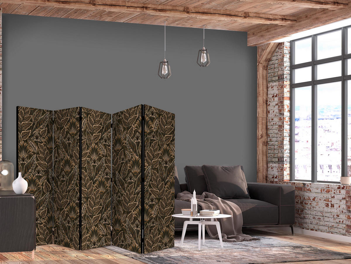 PARAVÁN Obojstranný 5-dielny 225x172 cm Hnedé Listy - hnedá, drevo/textil (225/172/3cm) - Muralo