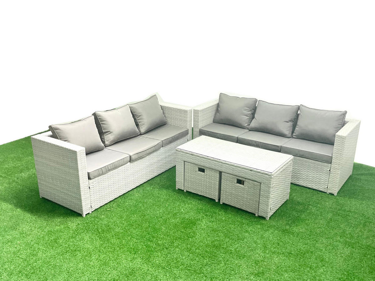 GARTENSOFA hohe Rückenlehne Polyrattan Hellgrau-Mix 8-Sitzer - Hellgrau/Grau, Glas/Kunststoff - Fimous