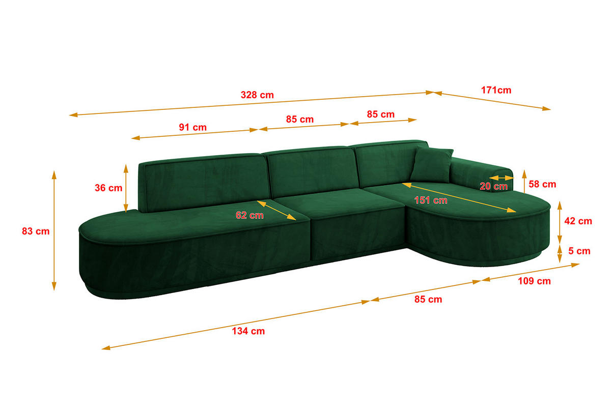 ECKSOFA Ottomane Rechts MARI-L2-v3 - 328x171x83 cm Dunkelgrün Velours - Dunkelgrün/Schwarz, Holzwerkstoff/Kunststoff (171/328cm) - ALTDECOR