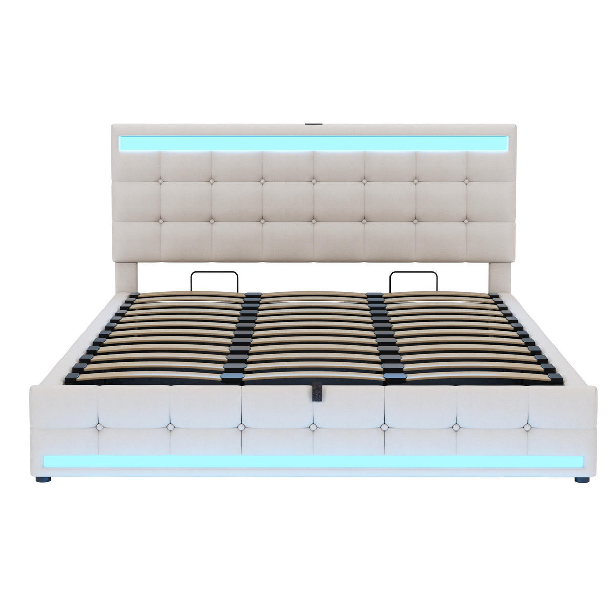 POLSTERBETT aus Leinenstoff 180x200 cm in Beige mit RGB-LED & 2 USB-Anschlüssen - Beige, Textil (180/200cm) - Modfu