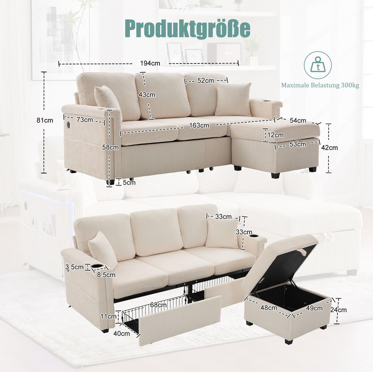 SOFA mit LED und USB/Type-C 194 x 73 x 81 cm Corduroy Beige - Beige, Kunststoff (194/81/73cm) - Meubliv