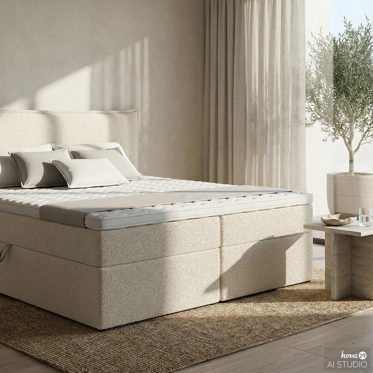 BOXBETT mit Stauraum - Bouclé - Creme, Holzwerkstoff/Textil (180/200cm) - home24