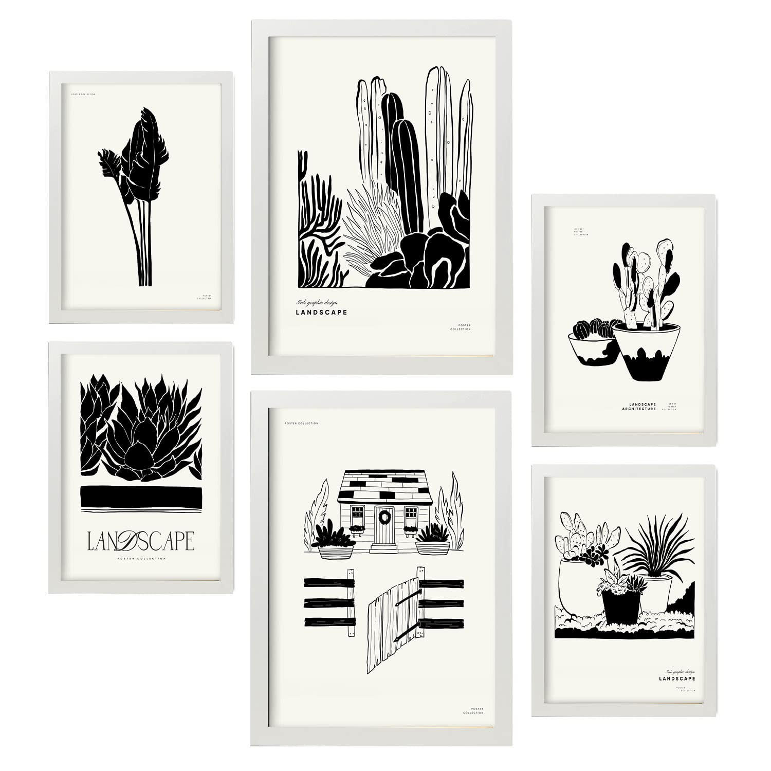 POSTER Set Mit 6 In Schwarzer Tinte Hinterhof Künstlerische Und Abstrakte Drucke Für Innenarchitektur A3 & A4 Weißer Rahmen - Weiß, Papier (29/3cm) - Nacnic