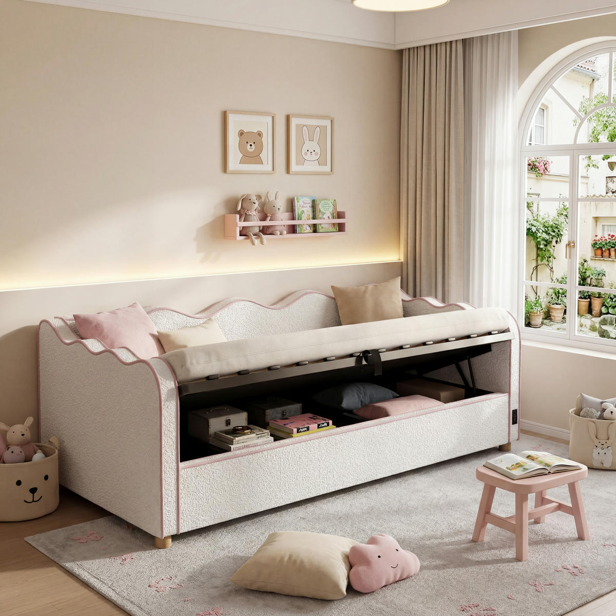 SCHLAFSOFA 90×200 Cm, USB-Anschlüssen & Type-C，Polster-Tagesbett，Bouclé, Beige - Beige, Holz (216/74.5/102.5cm) - FLIEKS
