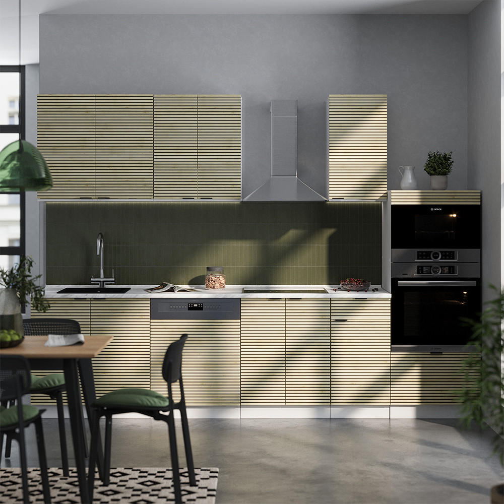 KÜCHENZEILE Fame-Line Eiche Paneel/Weiß 300 cm mit Hochschrank, AP Marmor - Hellbraun/Weiß, Holzwerkstoff (300/81.6/60cm) - Vicco