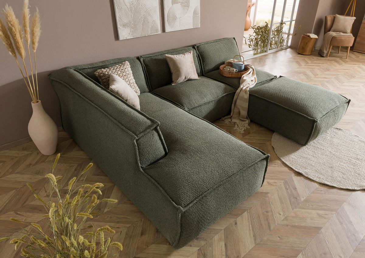 ECKSOFA inkl. Hocker 285x220x79 Polyester grün RAVENNA - Grün, Kunststoff (285/220cm) - Massivmoebel24