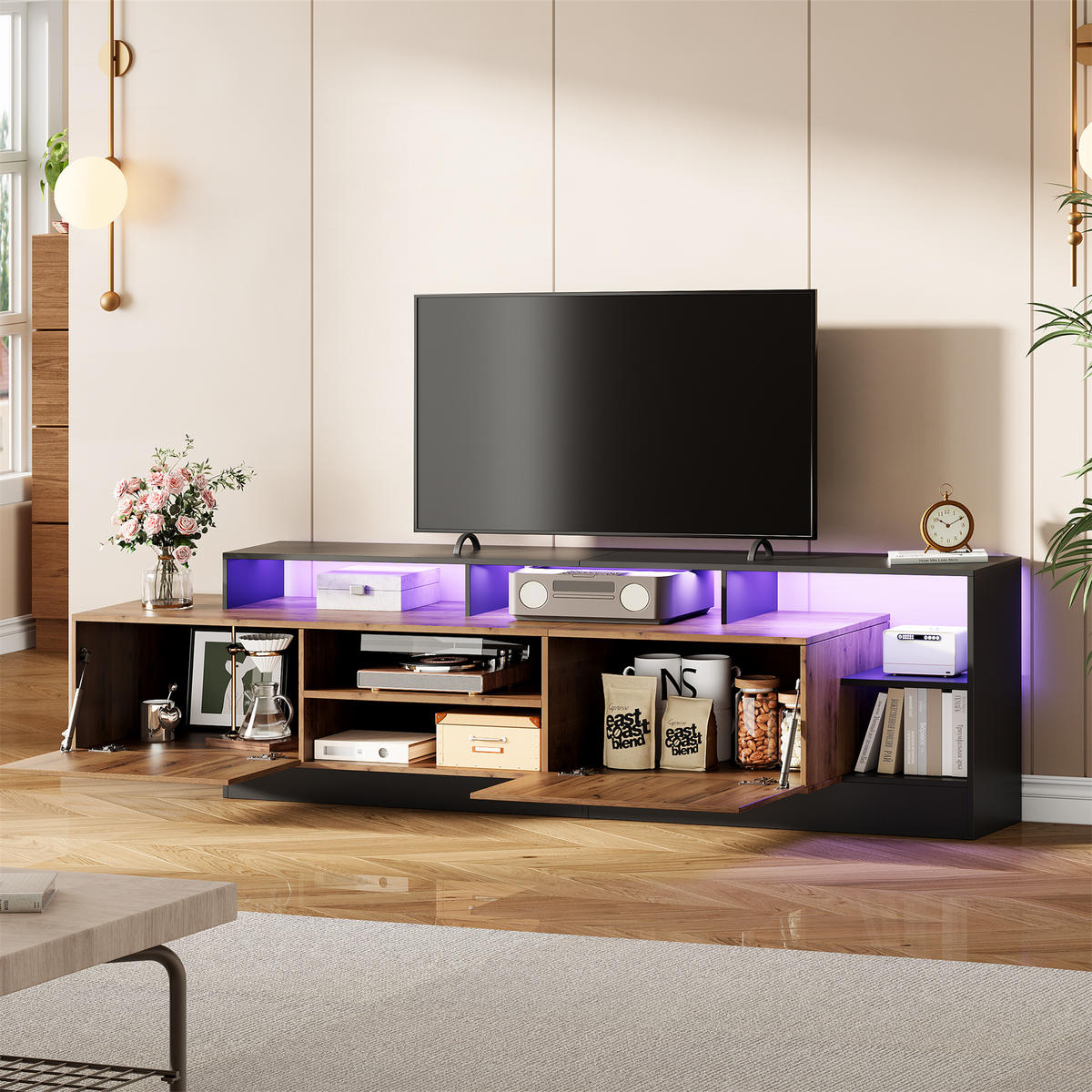 TV-ELEMENT in Eichefarben TV Schrank mit Stauraum,LED-Beleuchtung für Wohnzimmer B190/T40/H48.5cm - Eichefarben, Holzwerkstoff (190/48.5/40cm) - STILVORA