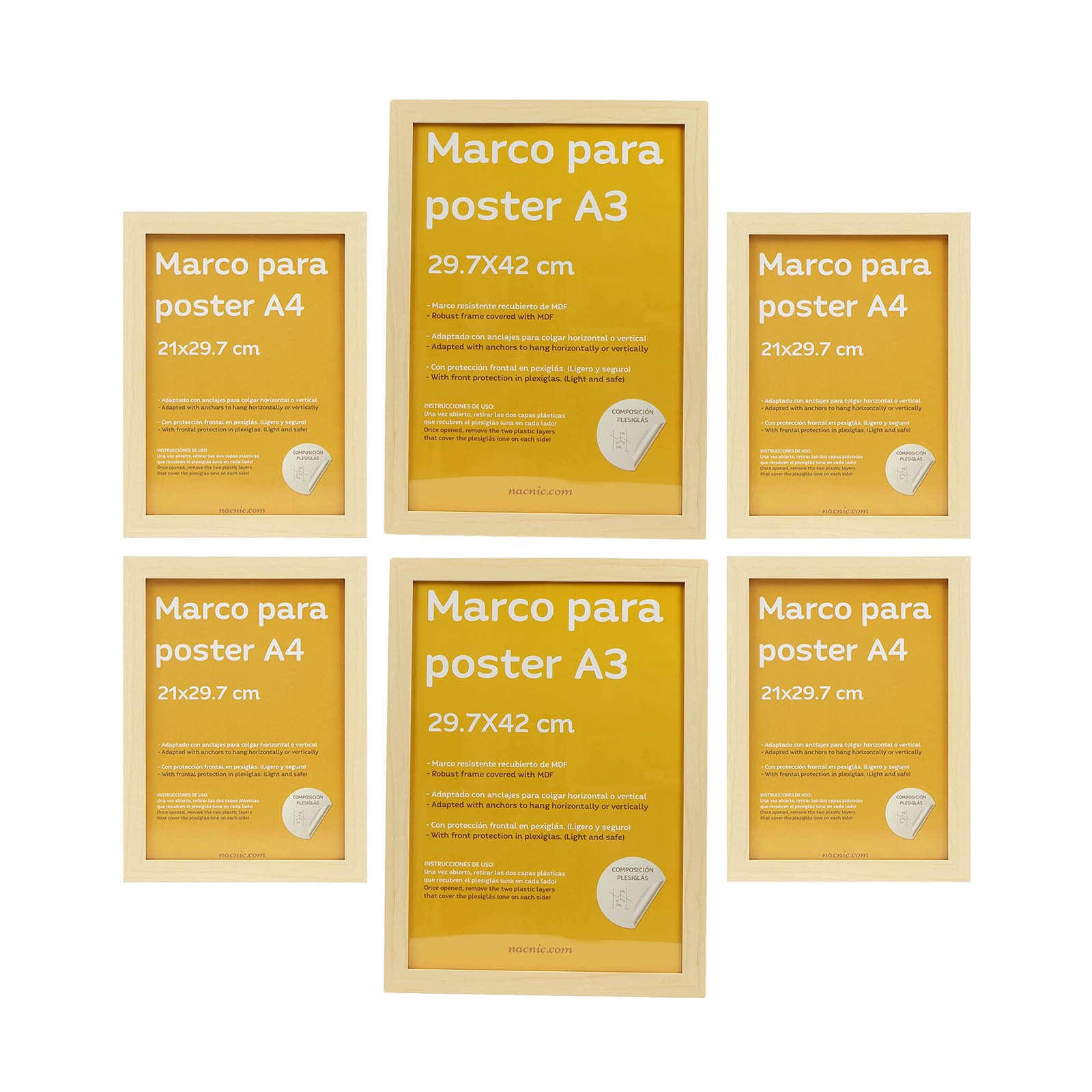 RAHMEN Set mit 6 aus MDF und Acrylglas Schutz und Aussteller für Fotografien, Bilder, Poster, Gemälde, Dekoration für Haus Farbe Hellholz A3 & A4 - Beige, Holz (29.7/3/42cm) - Nacnic