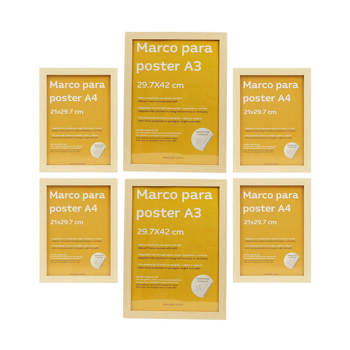 RAHMEN Set mit 6 aus MDF und Acrylglas Schutz und Aussteller für Fotografien, Bilder, Poster, Gemälde, Dekoration für Haus Farbe Hellholz A3 & A4 - Beige, Holz (29.7/3/42cm) - Nacnic