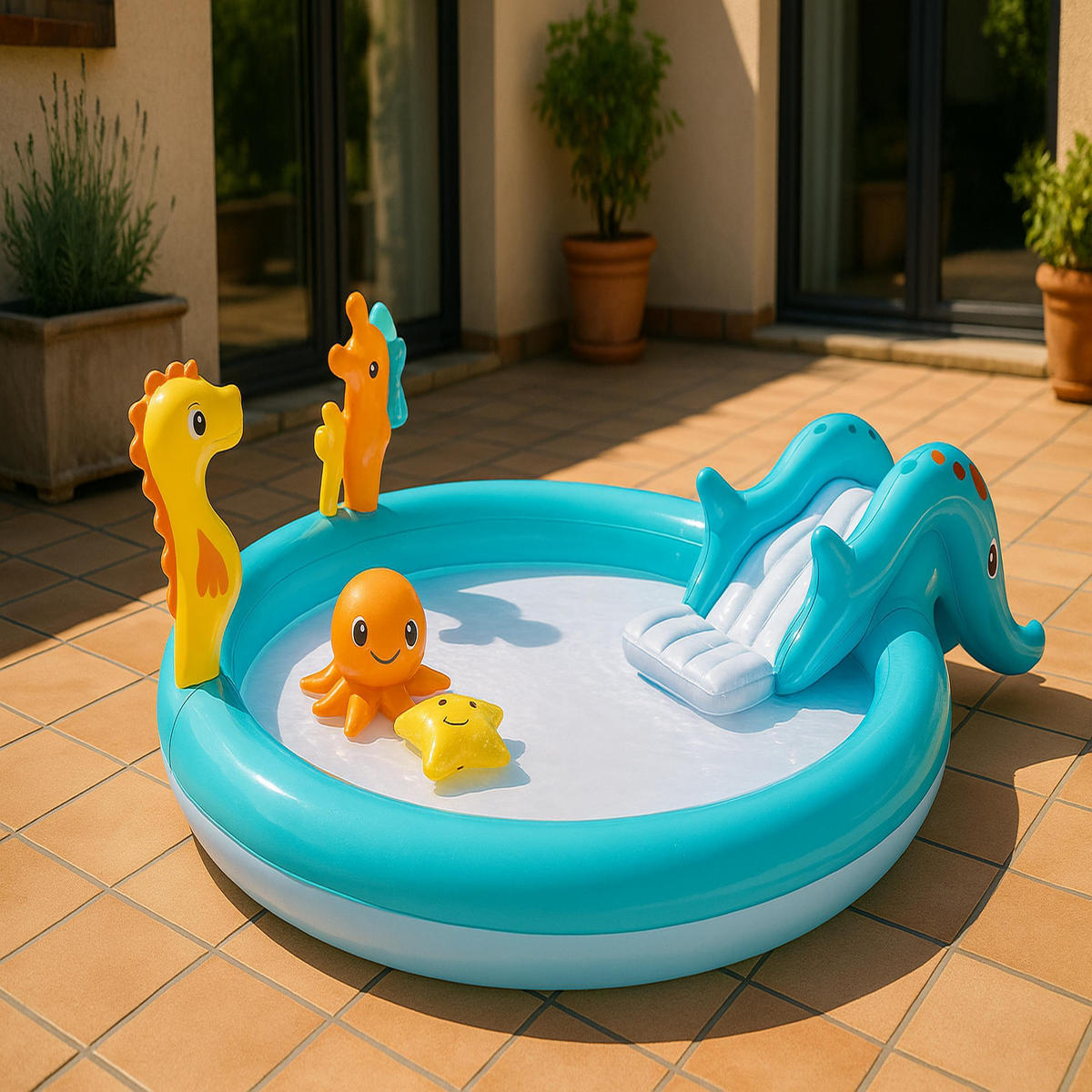 SUNCLUB Planschbecken Erlebnispool "Seepferdchen" 200x152x40 cm, mit Wassersprüher und Rutsche - Blau, Kunststoff (200/152cm) - Avenli
