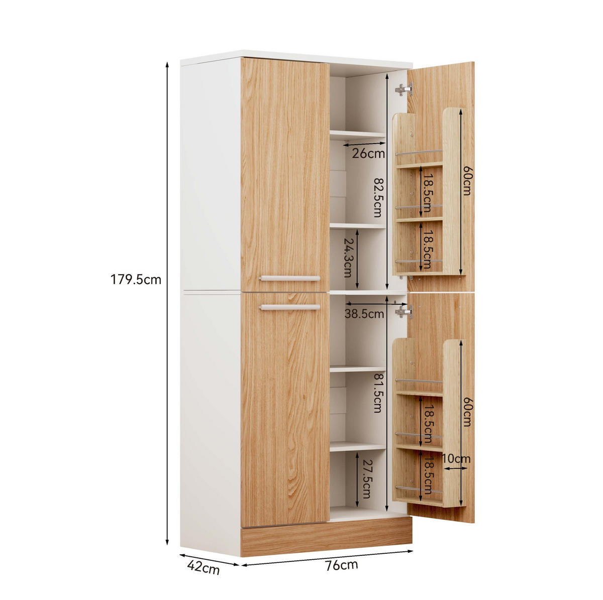 BUFFET 76/42/180 cm in Weiß/Eichefarben mit 4 Türen - Weiß, Holzwerkstoff (76/180/42cm) - Flora Grace