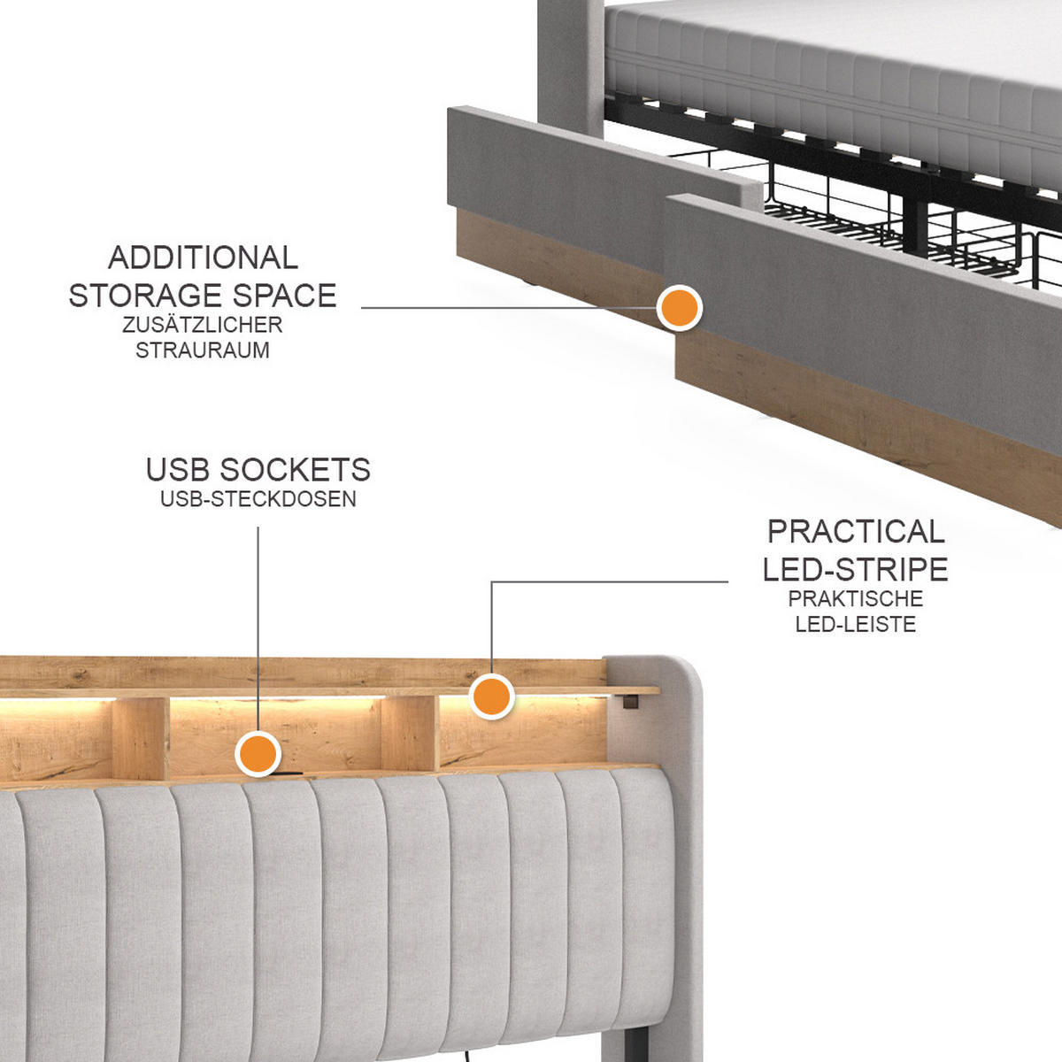 ČALOUNĚNÁ POSTEL Nura Šedá - šedá/barva dubu, kompozitní dřevo - VitaliSpa