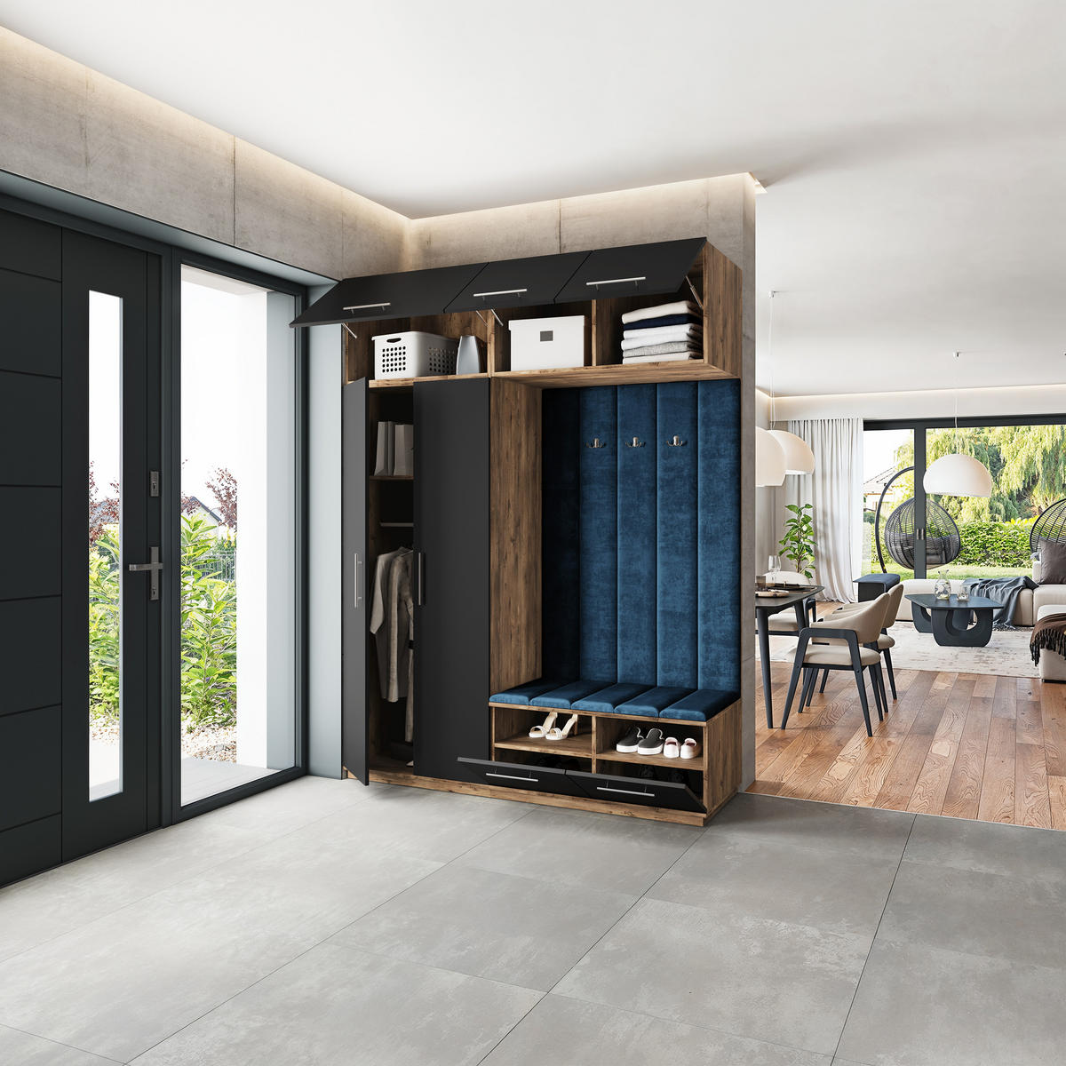 GARDEROBENSCHRANK REMA 180/240/60 cm Modern Garderobe-Set Eiche Lefkas - Blau/Eichefarben, Holzwerkstoff (180/240/60cm) - MASSENO