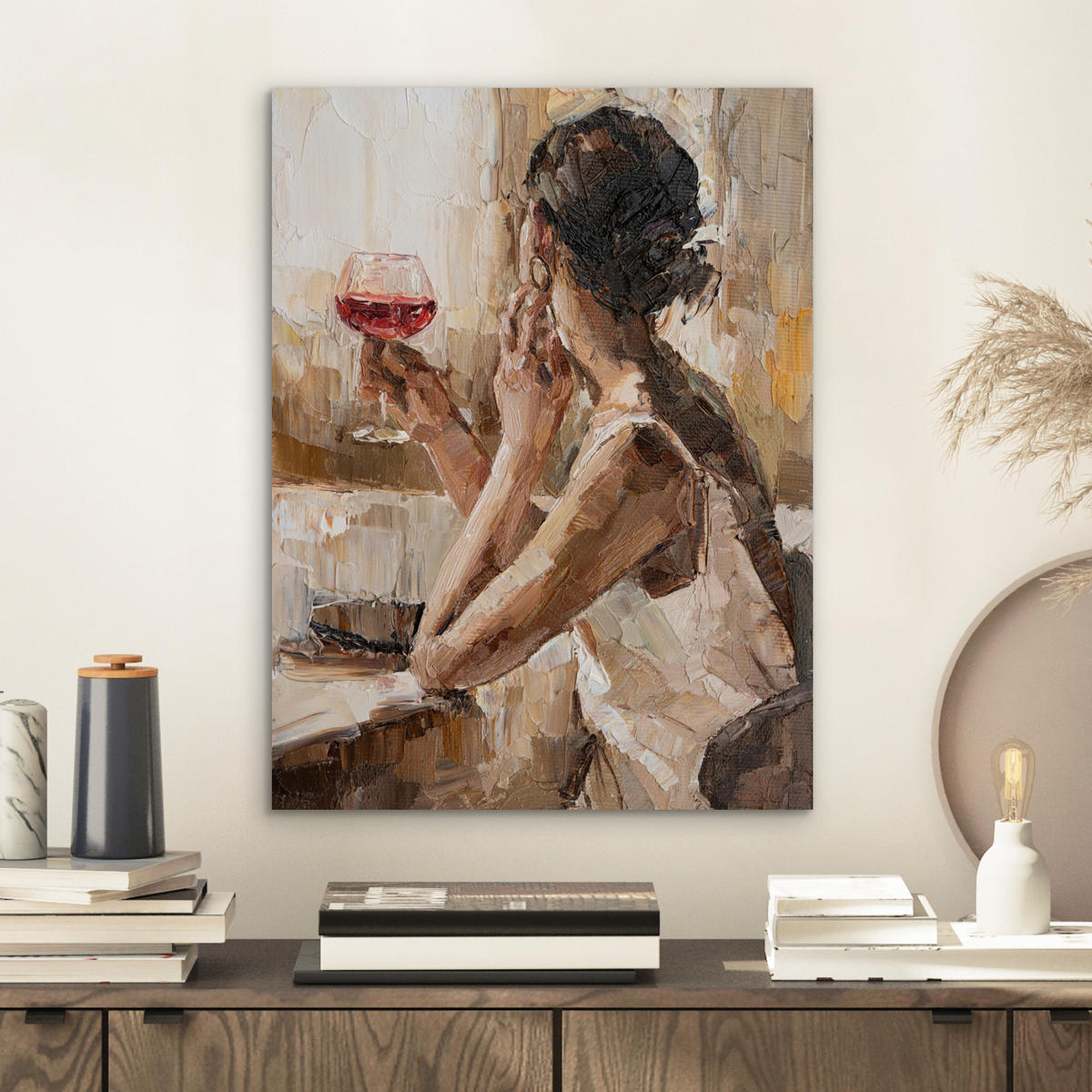 KOVOVÝ OBRAZ Olejomaľba - Žena - Víno 30x40 cm - svetlohnedá, kov (30/40cm) - MuchoWow