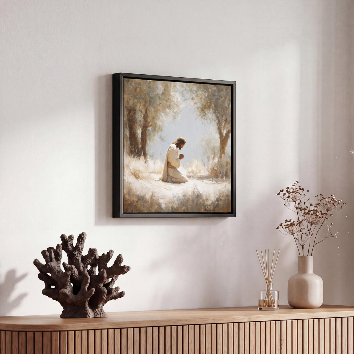 LEINWAND Bilder mit Rahmen - Jesus - Kniend - Waldlandschaft - Betend - 20x20 - Beige, Textil (20/20cm) - MuchoWow
