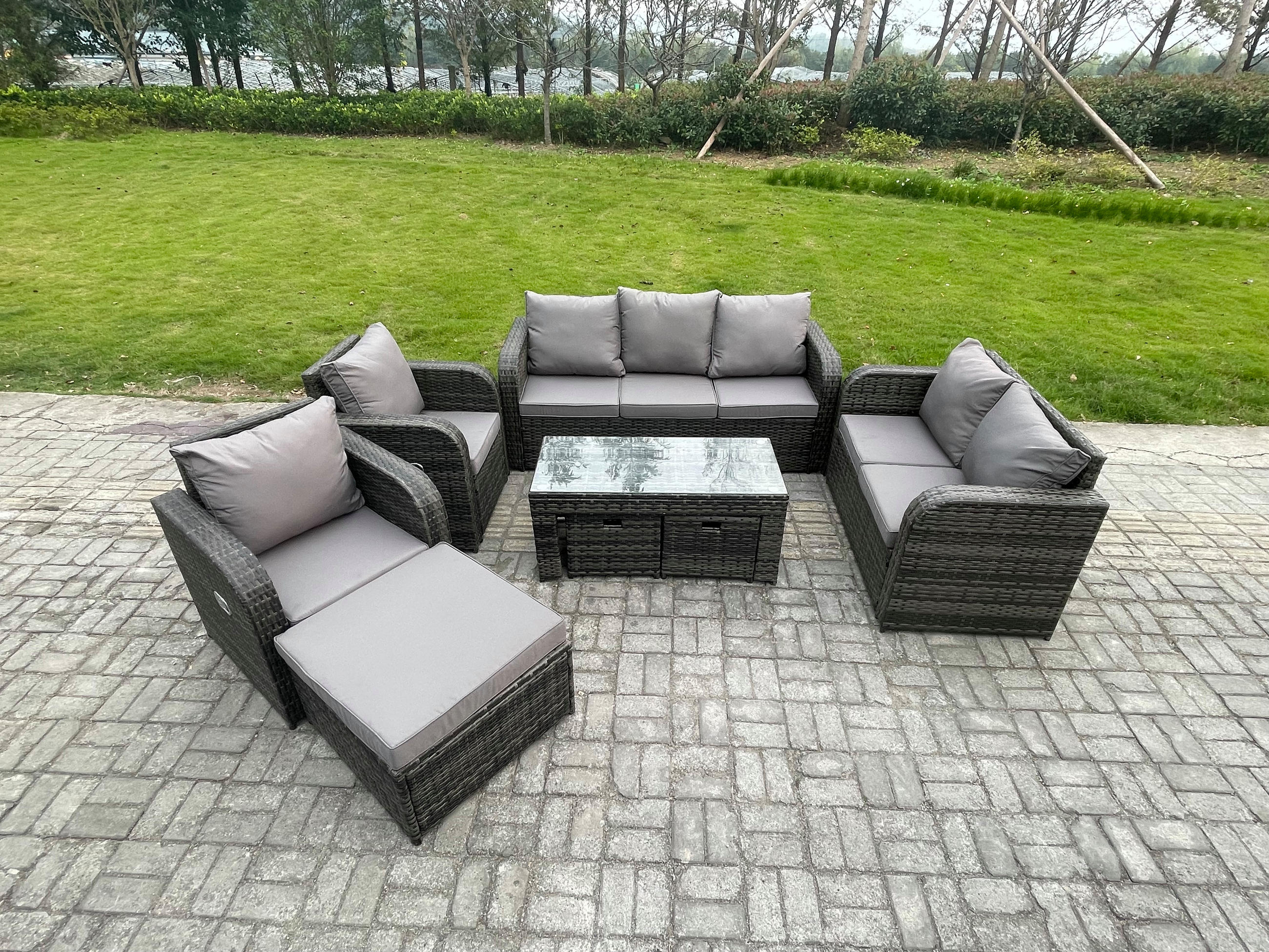 GARTENSOFA SET mit rechteckigem COUCHTISCH Polyrattan 10-Sitzer Dunkelgrau - Dunkelgrau/Grau, Glas/Kunststoff - Fimous