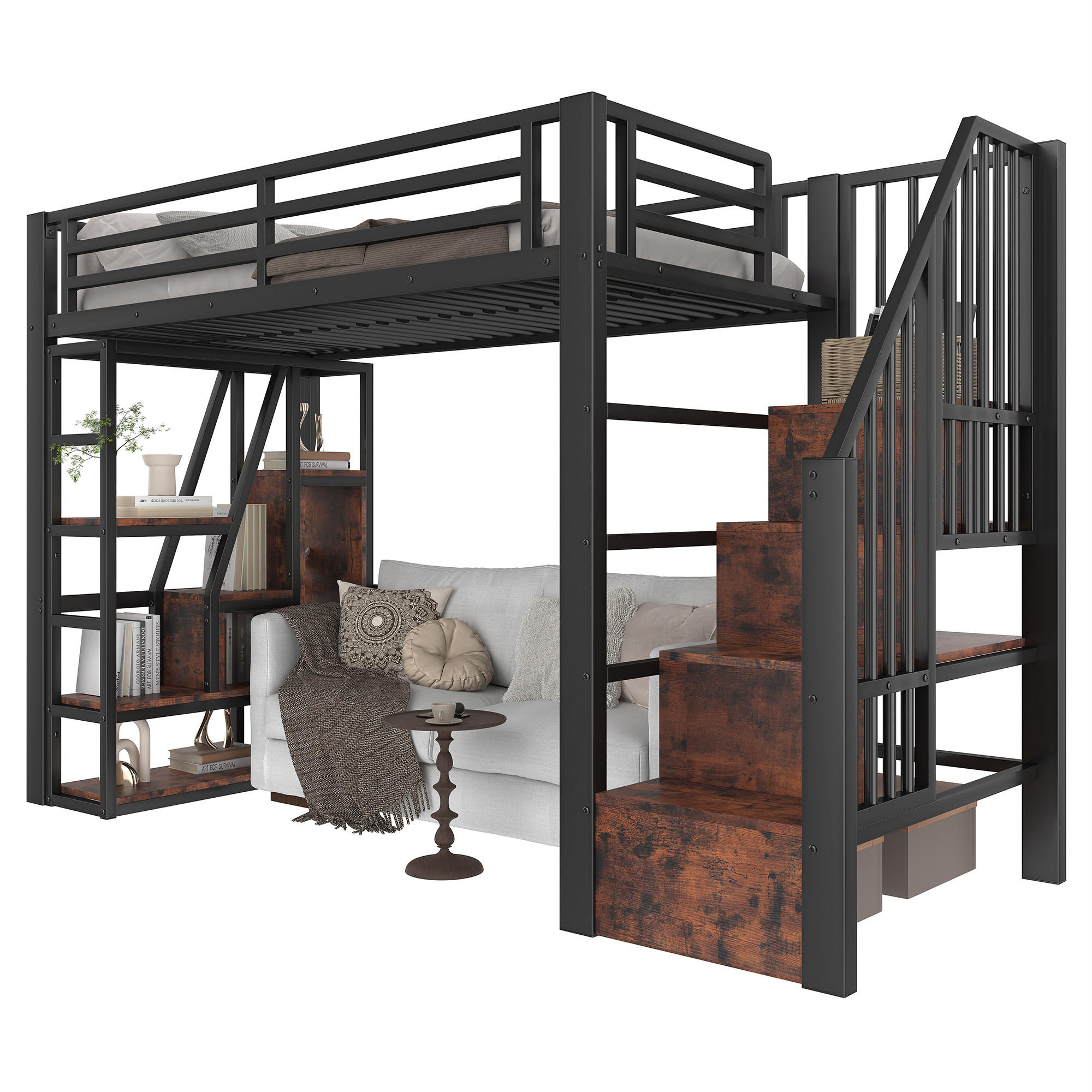 HOCHBETT 90x200cm Schwarz Metall LED-Licht offener Stauraum - Schwarz, Holz (90/200cm) - FLIEKS