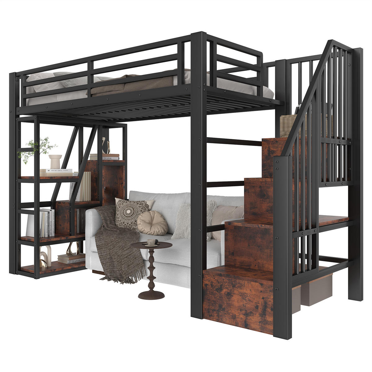 HOCHBETT 90x200cm Schwarz Metall LED-Licht offener Stauraum - Schwarz, Holz (90/200cm) - FLIEKS