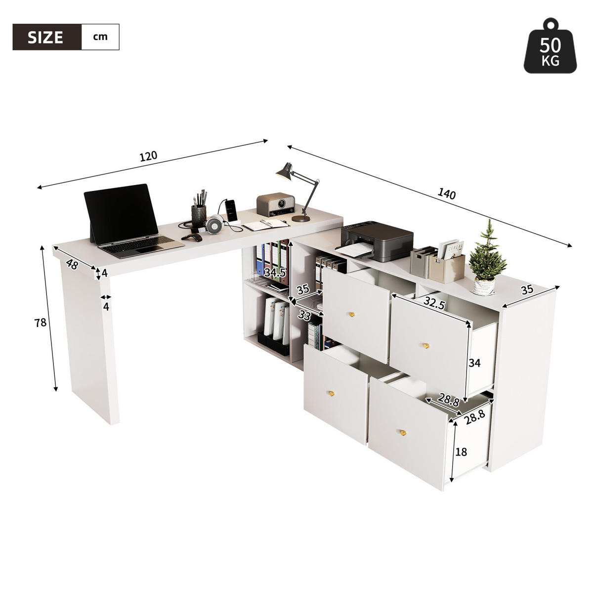 SCHREIBTISCH drehbar L-Form oder gerade MDF Weiß mit 8 Fächern - Weiß, Holz (140/120/78cm) - Meubliv
