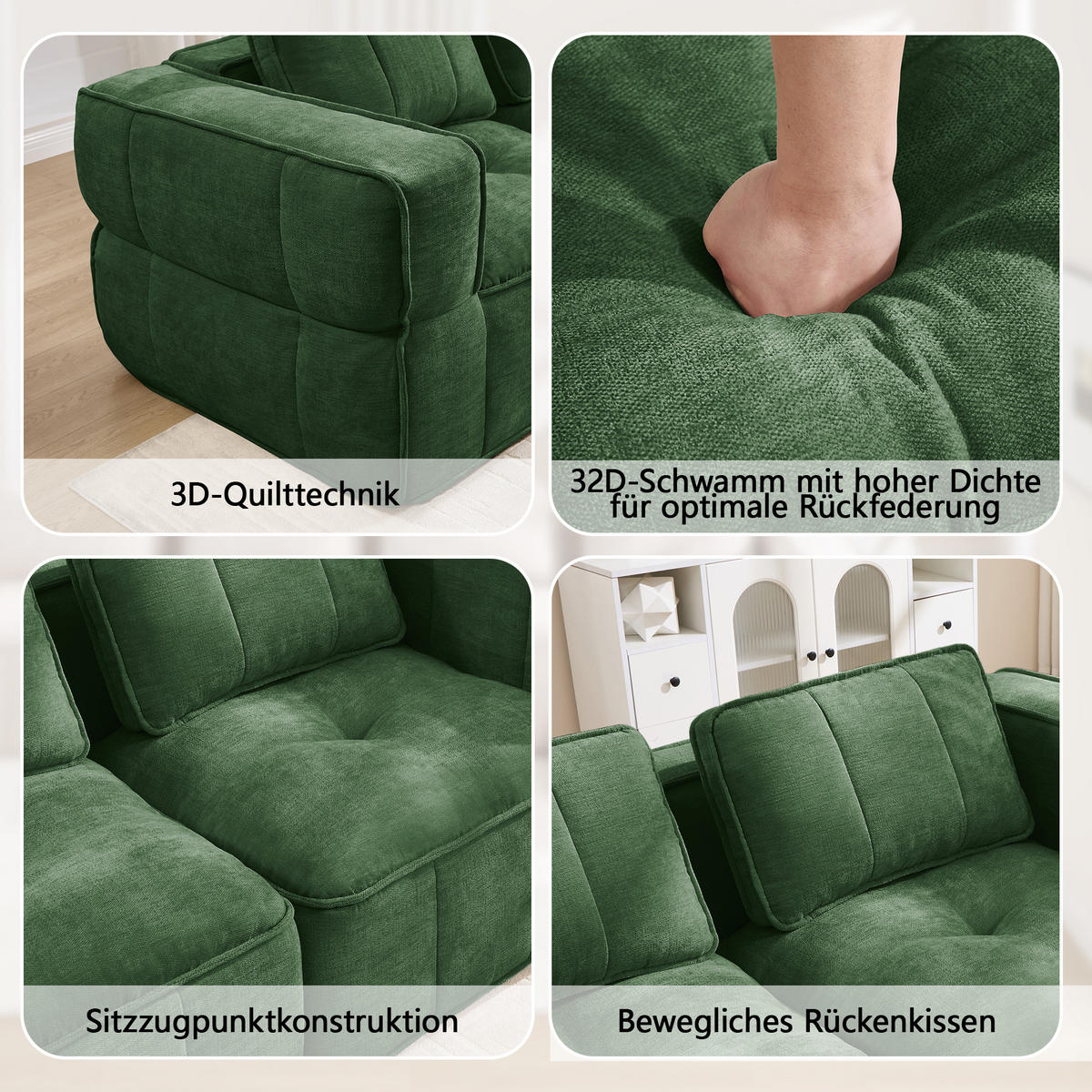 SOFA 198/93/67 cm in Grün aus Polyester mit tiefer Sitzfläche - Grün, Kunststoff (93/67/198cm) - Flora Grace