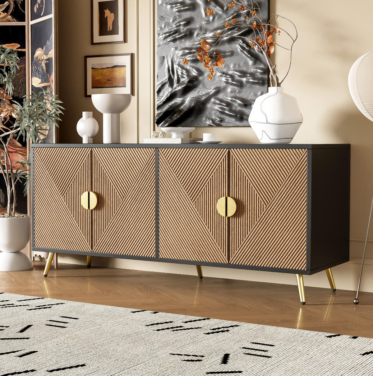 SIDEBOARD aus MDF und Spanplatte 160x40x75 cm Schwarz/Holzfarben mit 4 Türen und Soft-Close - Schwarz, Holzwerkstoff (160/75/40cm) - IVMEU