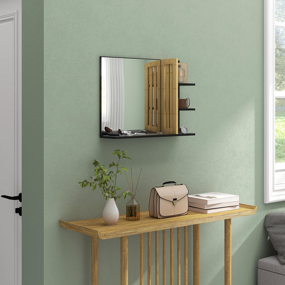 SPIEGELSCHRANK, vierstufiger Wandspiegel aus Holz fürs Badezimmer, 45 x 15 x 58,5 cm ,Schwarz - Schwarz, Glas (45/58.5/15cm) - Vallsero