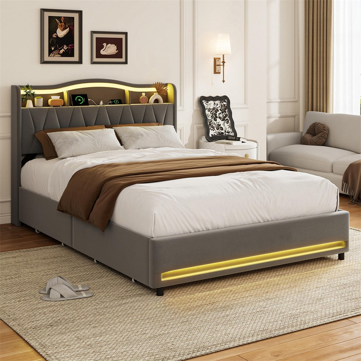 POLSTERBETT 140x200cm - Doppelbett mit 4 Schubladen - RGB-LED-Beleuchtung - Stauraum-Kopfteil - ohne Matratze - Grau - Grau, Textil (140/200cm) - DELFA