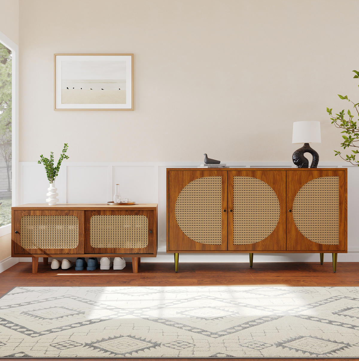 SIDEBOARD-SET 104/40/48 cm walnussfarben aus Spanplatte und Rattan mit Kommode und Schuhschrank - Walnussfarben, Holzwerkstoff (104/48/40cm) - OKWISH