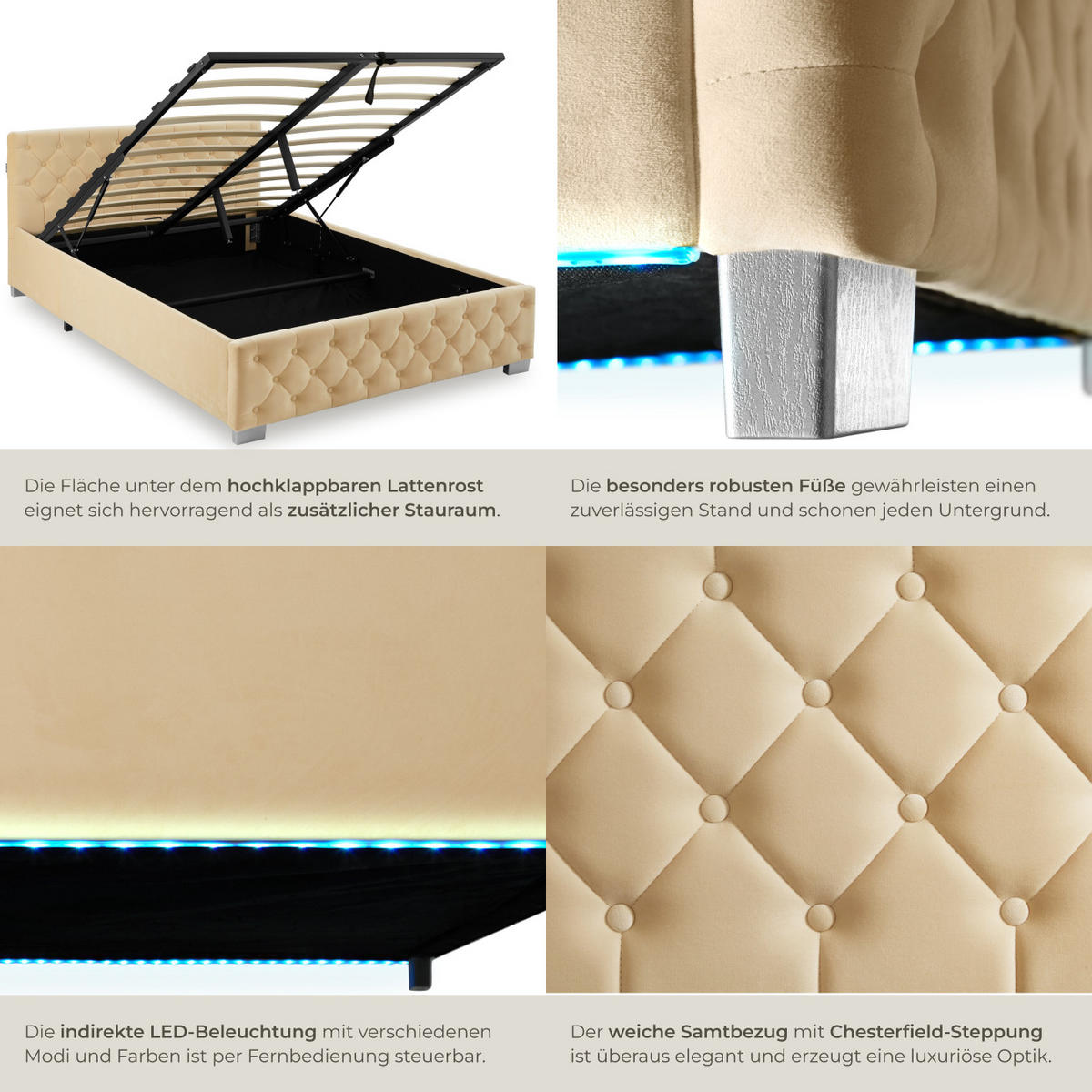 POLSTERBETT Venice,großer Stauraum,beige - Beige, Holz (140/200cm) - tectake