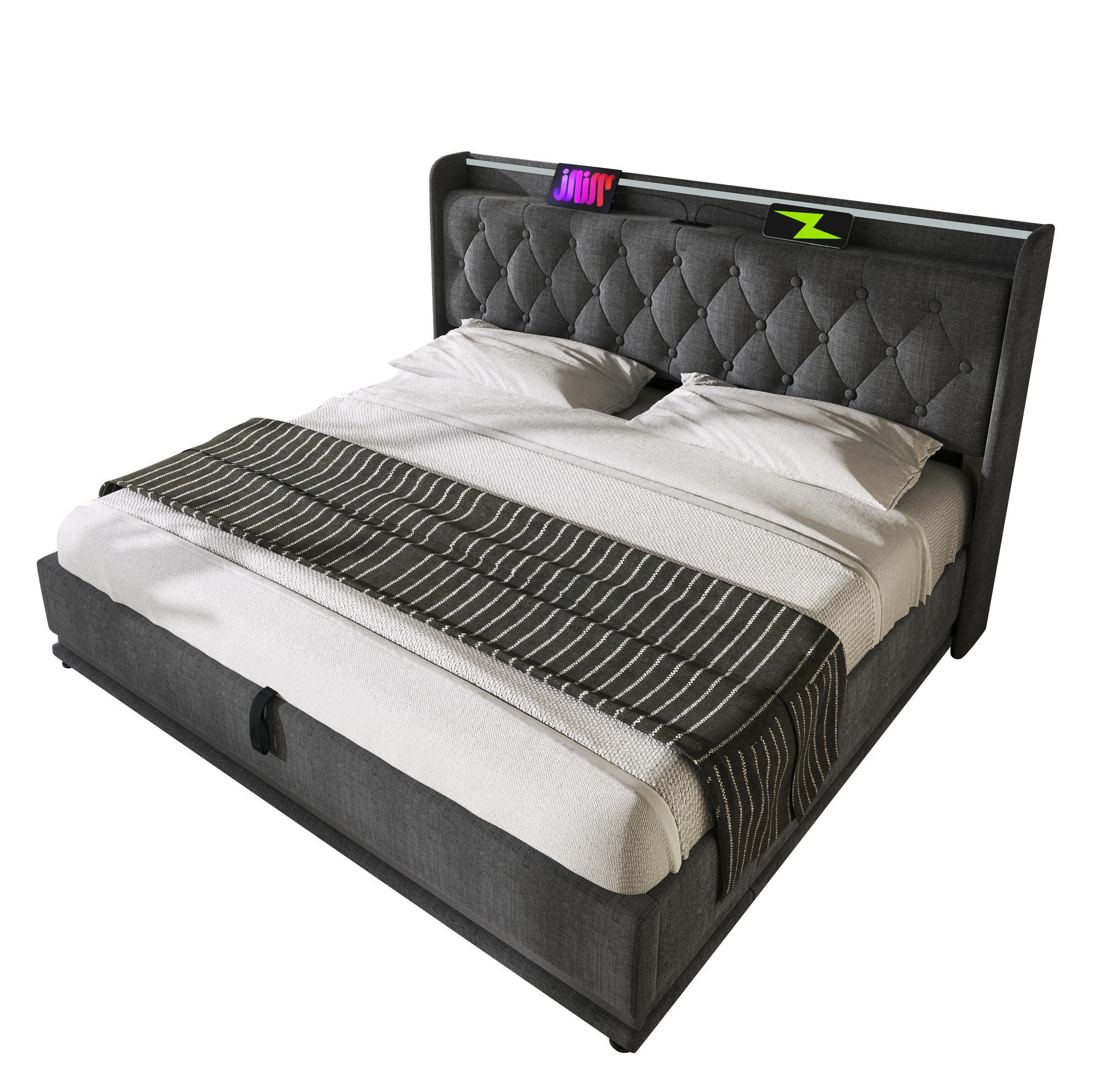 POLSTERBETT mit LED-Beleuchtung 140/200 cm mit Bettkasten und USB-C, Grau - Grau, Textil (140/200cm) - BEAOK