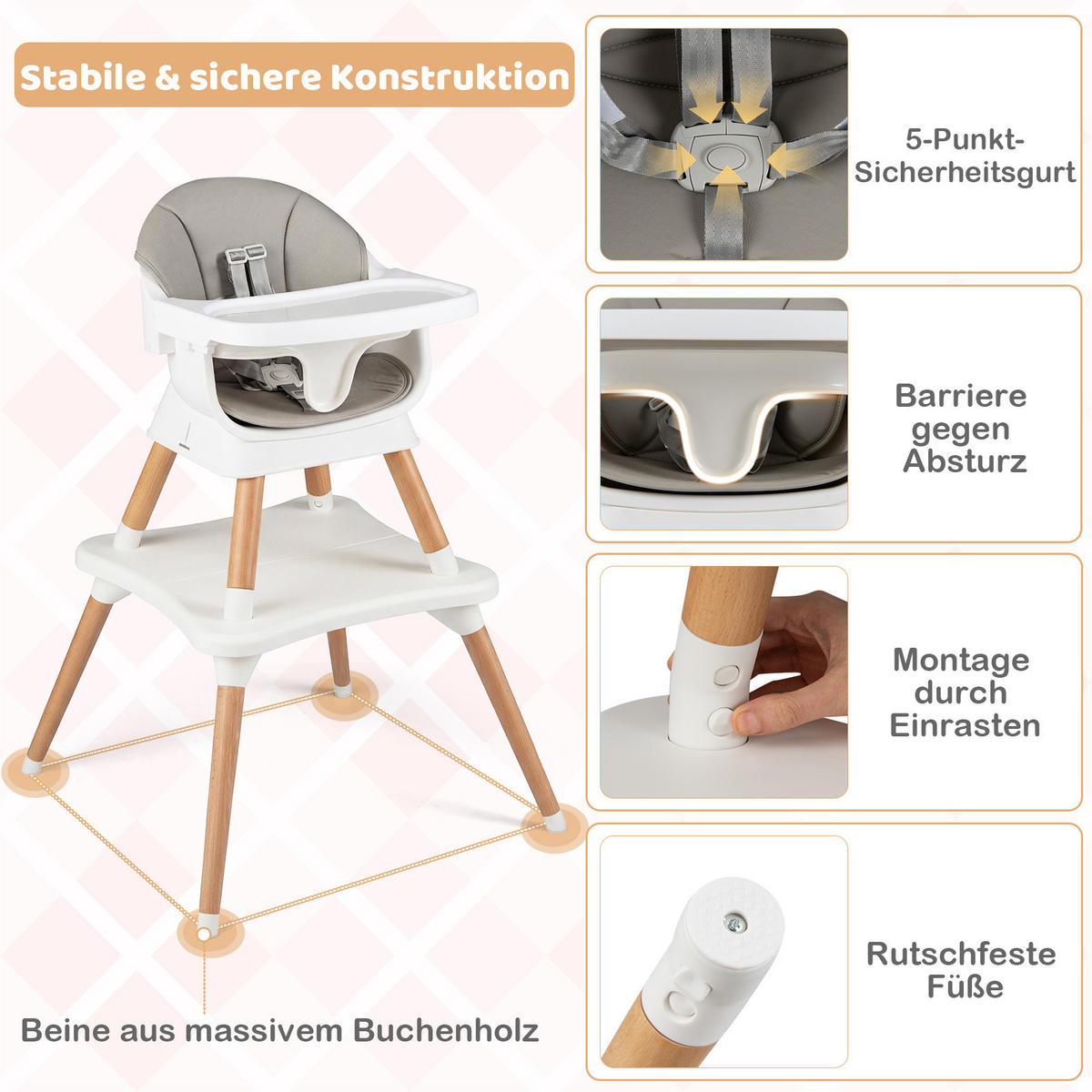 KINDERHOCHSTUHL mit Sitzerhöhung grau - Grau, Kunststoff (64/95/64cm) - COSTWAY