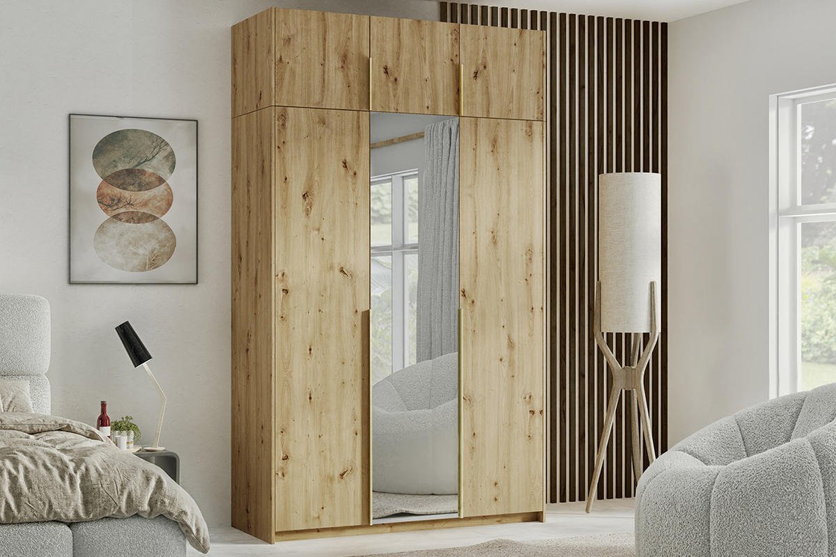 DREHTÜRENSCHRANK Apollonia I mit Spiegel 150x204cm 3-türig, artisan, goldene Griffe - Goldfarben/Braun, Kunststoff (58/250/150cm) - Margaret Hadas24