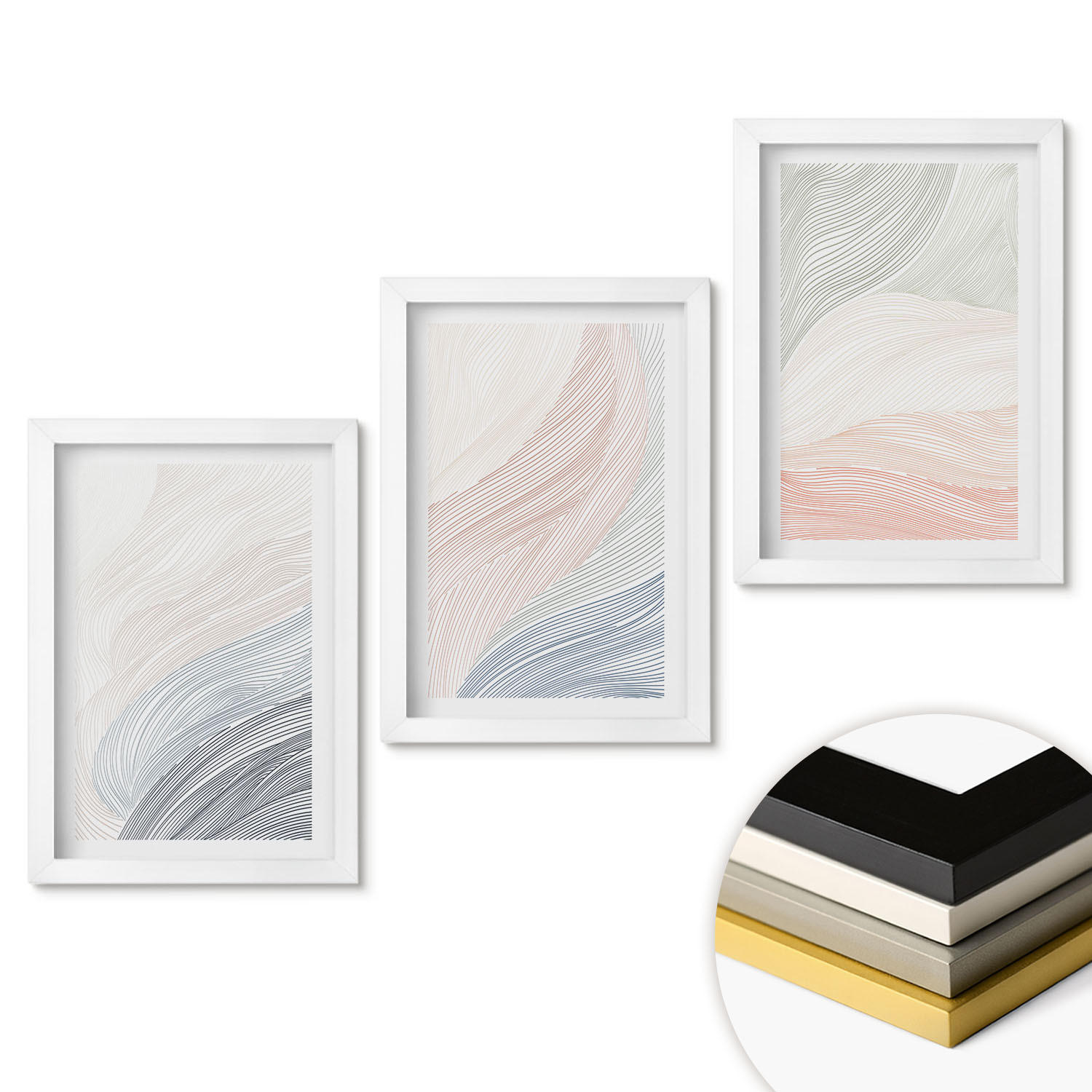 WANDBILDER 3er-Set - 20x30 cm Weißer Rahmen - Abstrakte Wellen, Karton, Pastell - Weiß, Kunststoff (20/30cm) - ArtPrintCave
