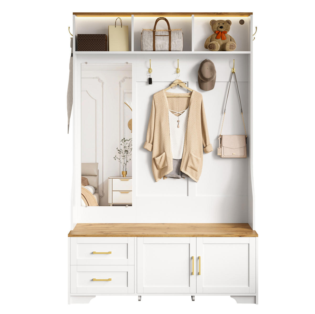 DIELENGARDEROBE 120/40/187 cm mit Spiegel, Sitzbank und LED in Weiß/Holzfarbe - Weiß, Holzwerkstoff (40/187/120cm) - BEAOK