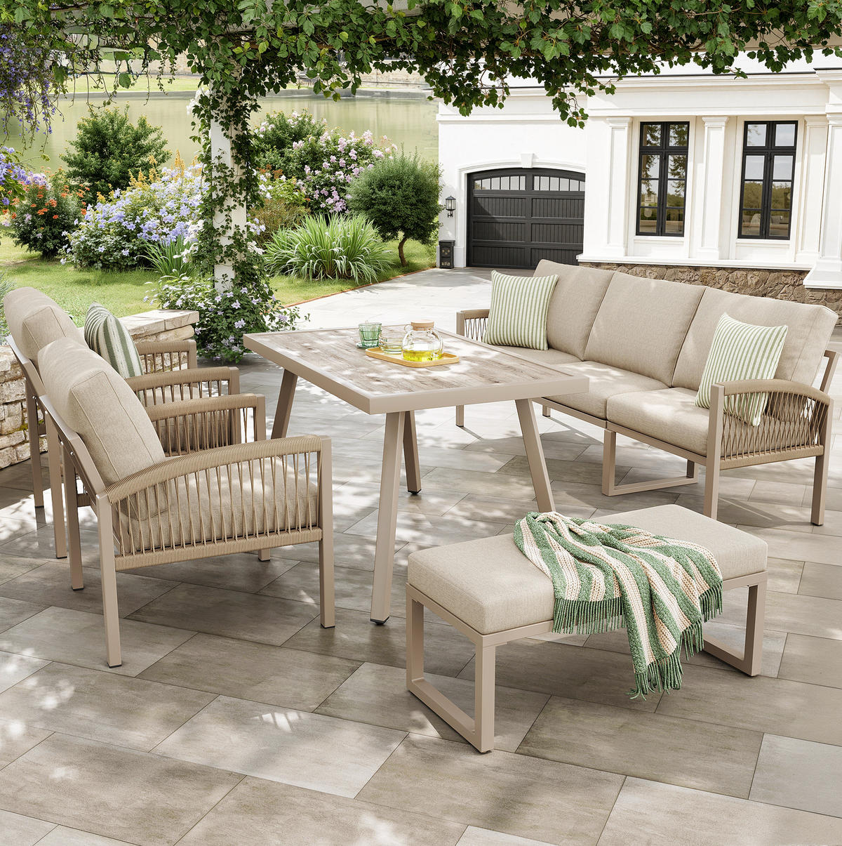 GARTEN-LOUNGE-SET für 7 Personen mit Stahlrahmen & Coffeetable Glas in Holzoptik, 173,5/65/62,5 cm, Beige - Beige, Metall - Redom