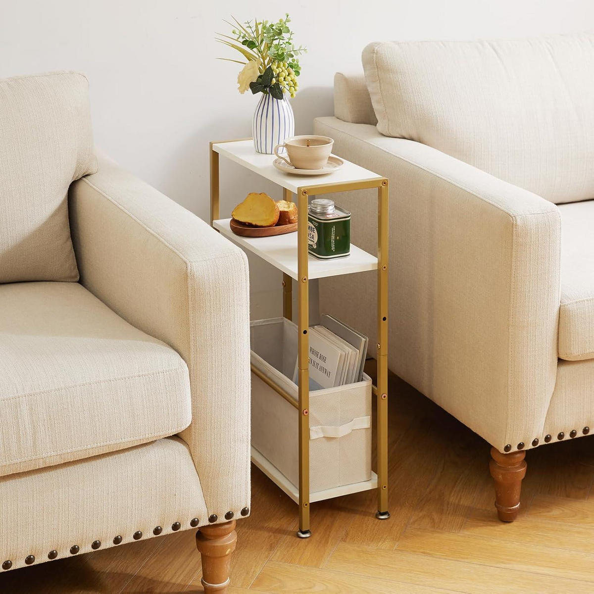 BEISTELLTISCH mit Stoffkorb Weiß Gold 43 x 18 x 64 cm - Multicolor, Metall (43/18/66cm)