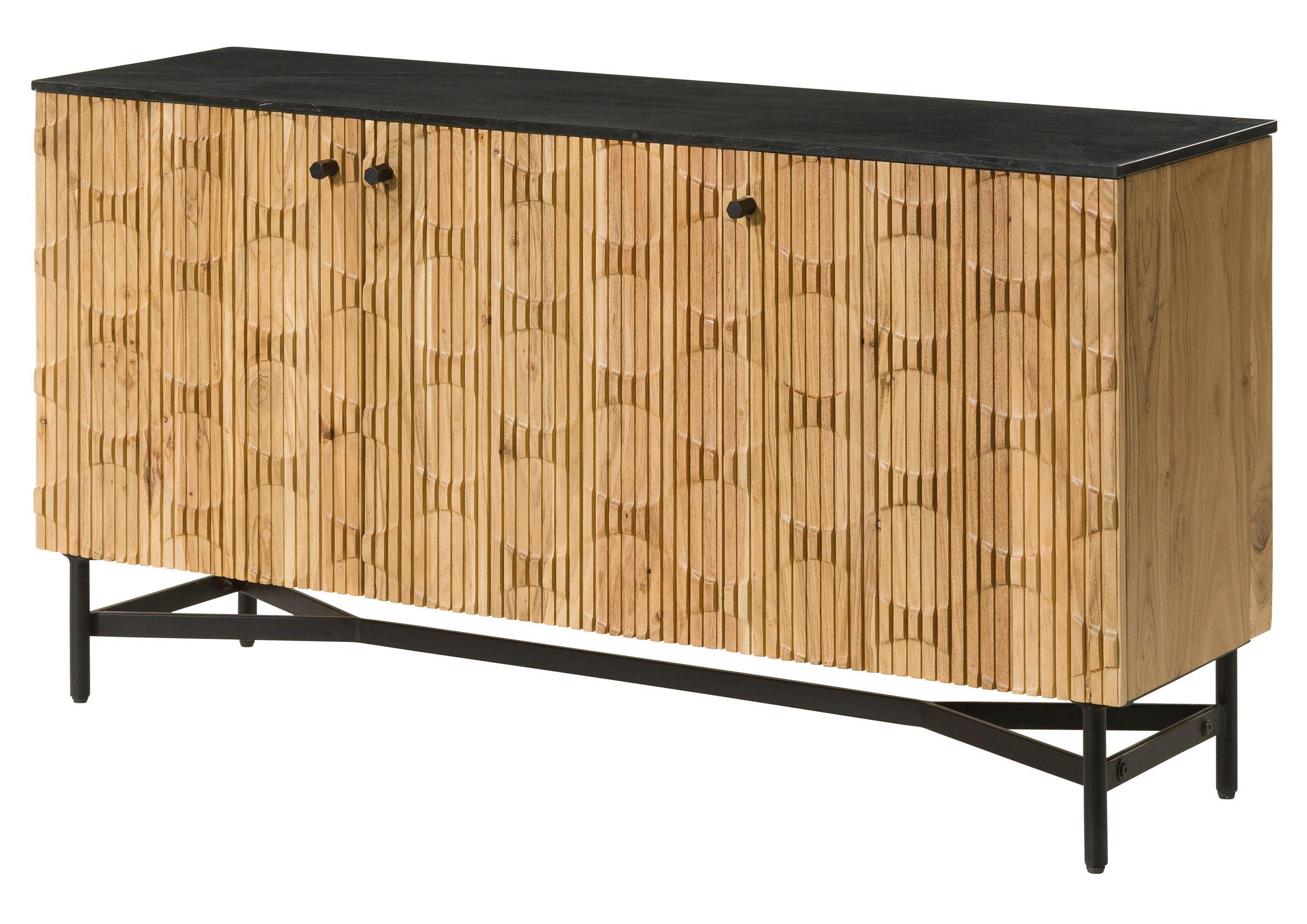 SIDEBOARD Akazie 150x40x76 natur lackiert / Marmor schwarz LONDON #100 - Braun, Holz (150/76/40cm) - Massivmoebel24