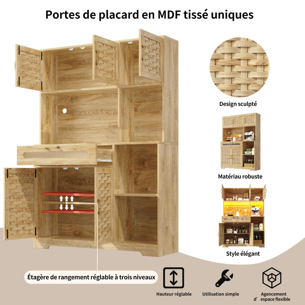 KÜCHENBUFFET mit LED-Beleuchtung, Glaselementen und verstellbaren Einlegeböden, 120 x 40 x 180 cm, Natur, Glas, MDF, Metall - Naturfarben, Holzwerkstoff (120/180/40cm) - SONNENH