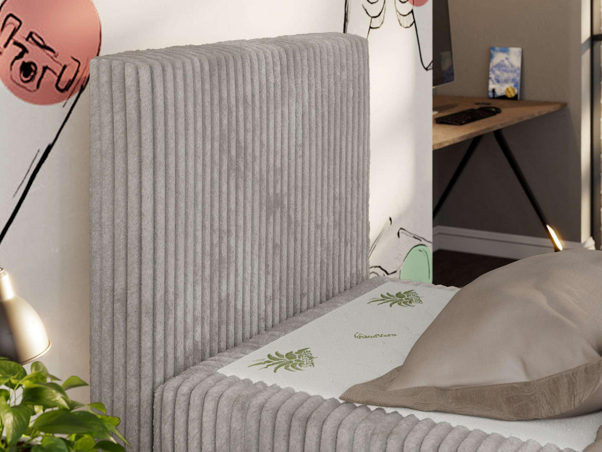 JUGENDBETT TILIO DUO 90/200 - Hellgrau Cord - H4 - Links Seite - Hellgrau, Textil (90/200cm) - MKS