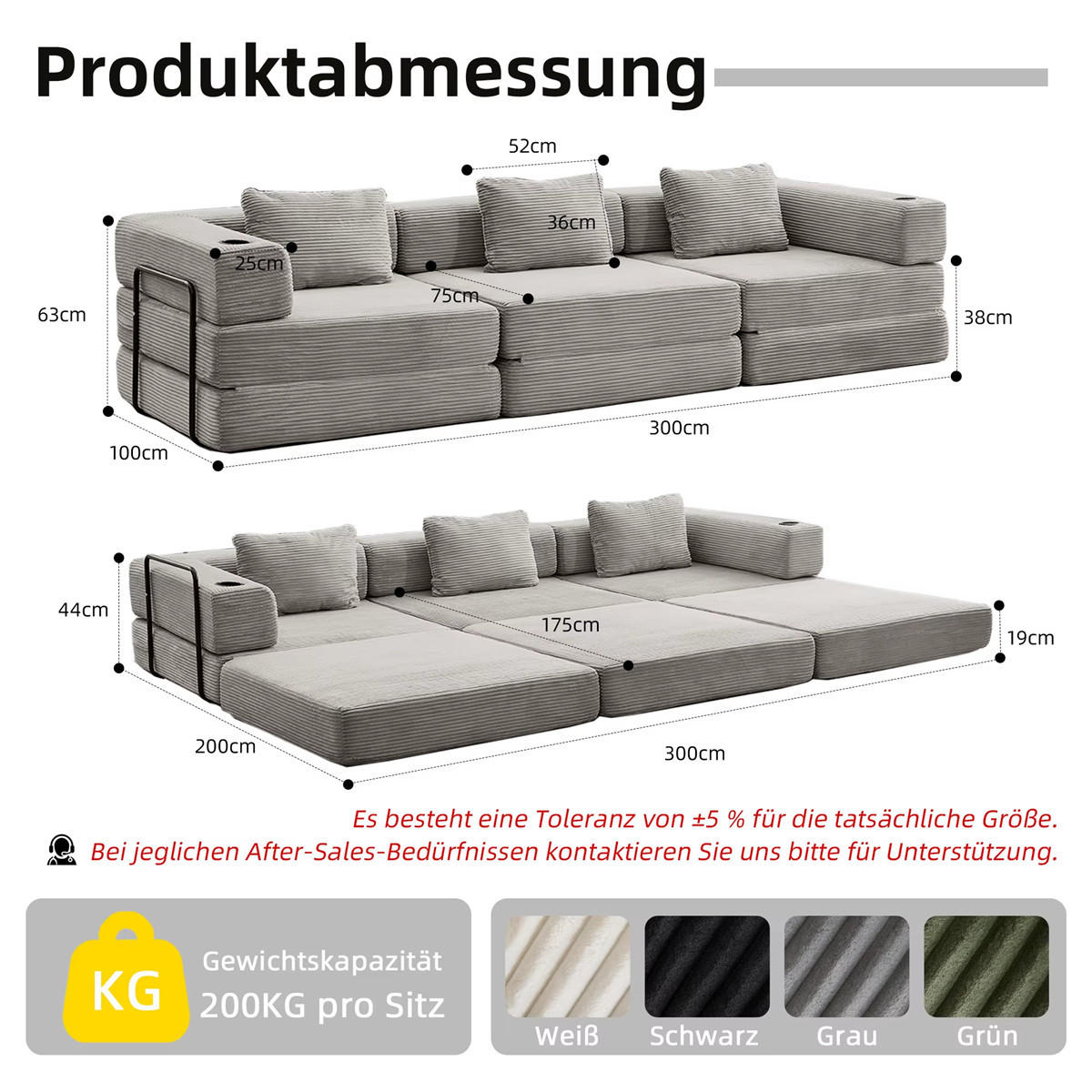 SCHLAFSOFA 3-Sitzer Cord mit Bettfunktion, faltbares Sofa - Grau, Textil (300/63/100cm) - Kaket