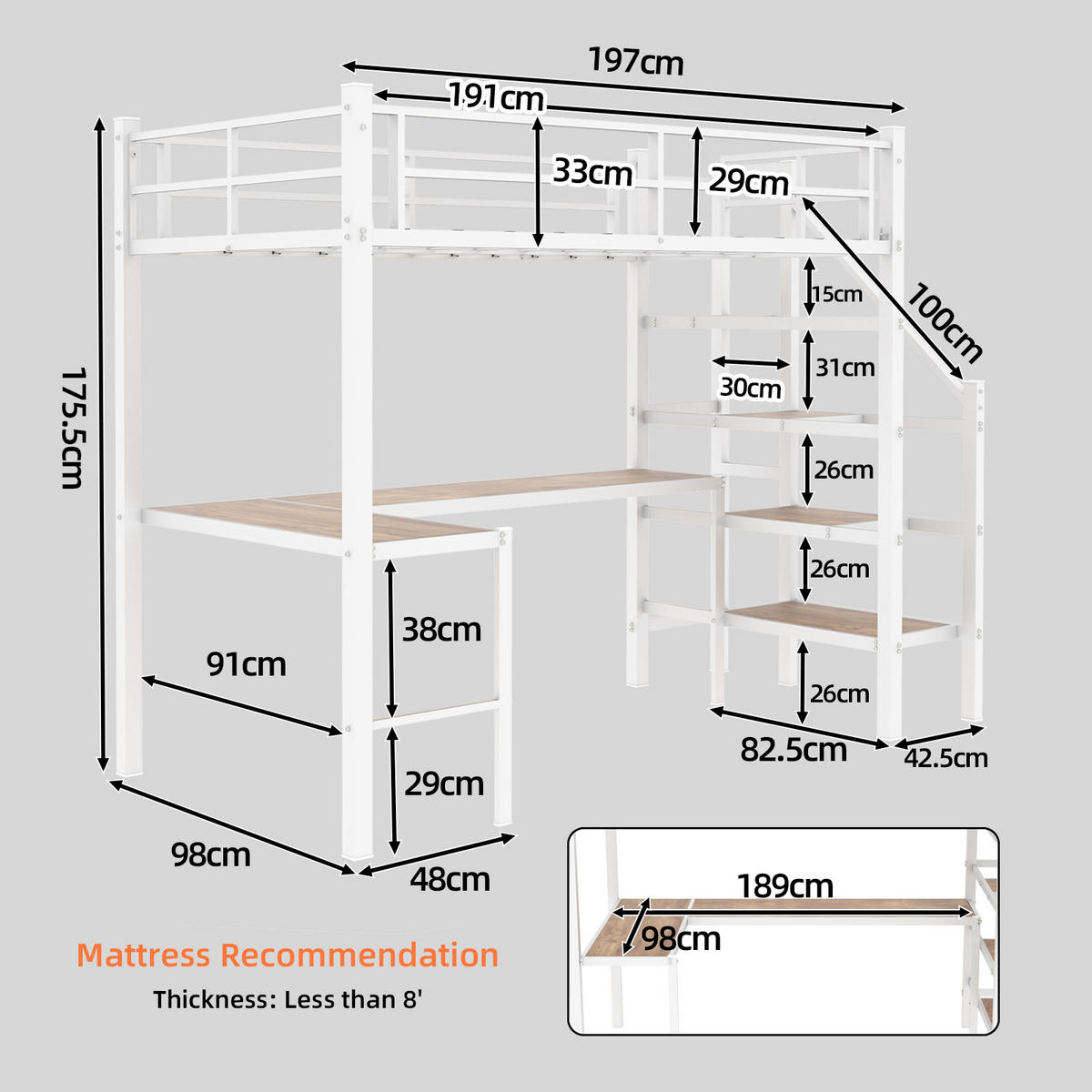 HOCHBETT 90/190 mit L-förmigem Schreibtisch, Stauraumtreppe und Regalen - Weiß, Holzwerkstoff/Metall (90/200cm) - EVRYAE