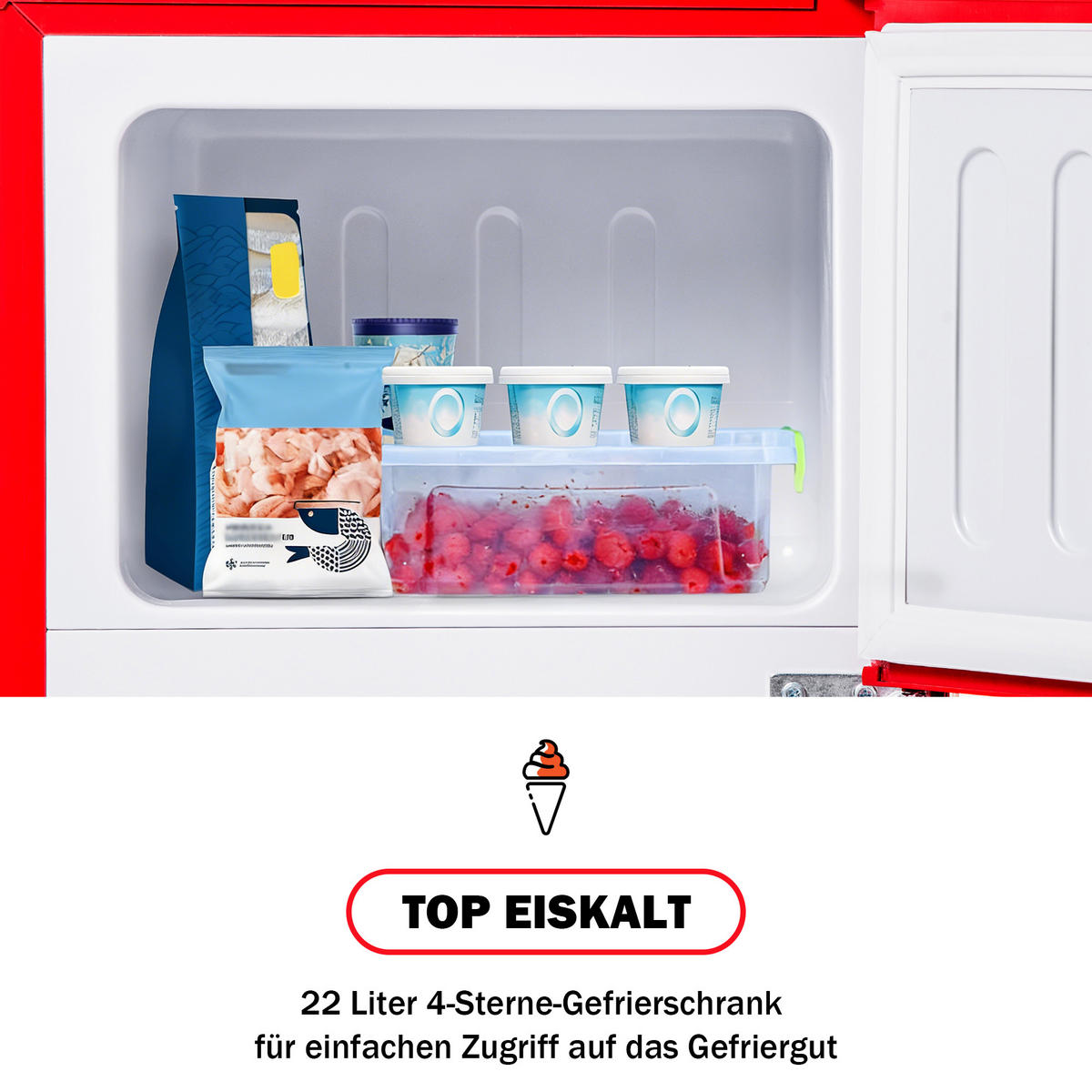 RETRO KÜHLSCHRANK 88,8cm Rot 60L Doppeltür LED Gefrier E Klasse - Rot, Kunststoff (45.5/42.5/88.8cm) - FLIEKS