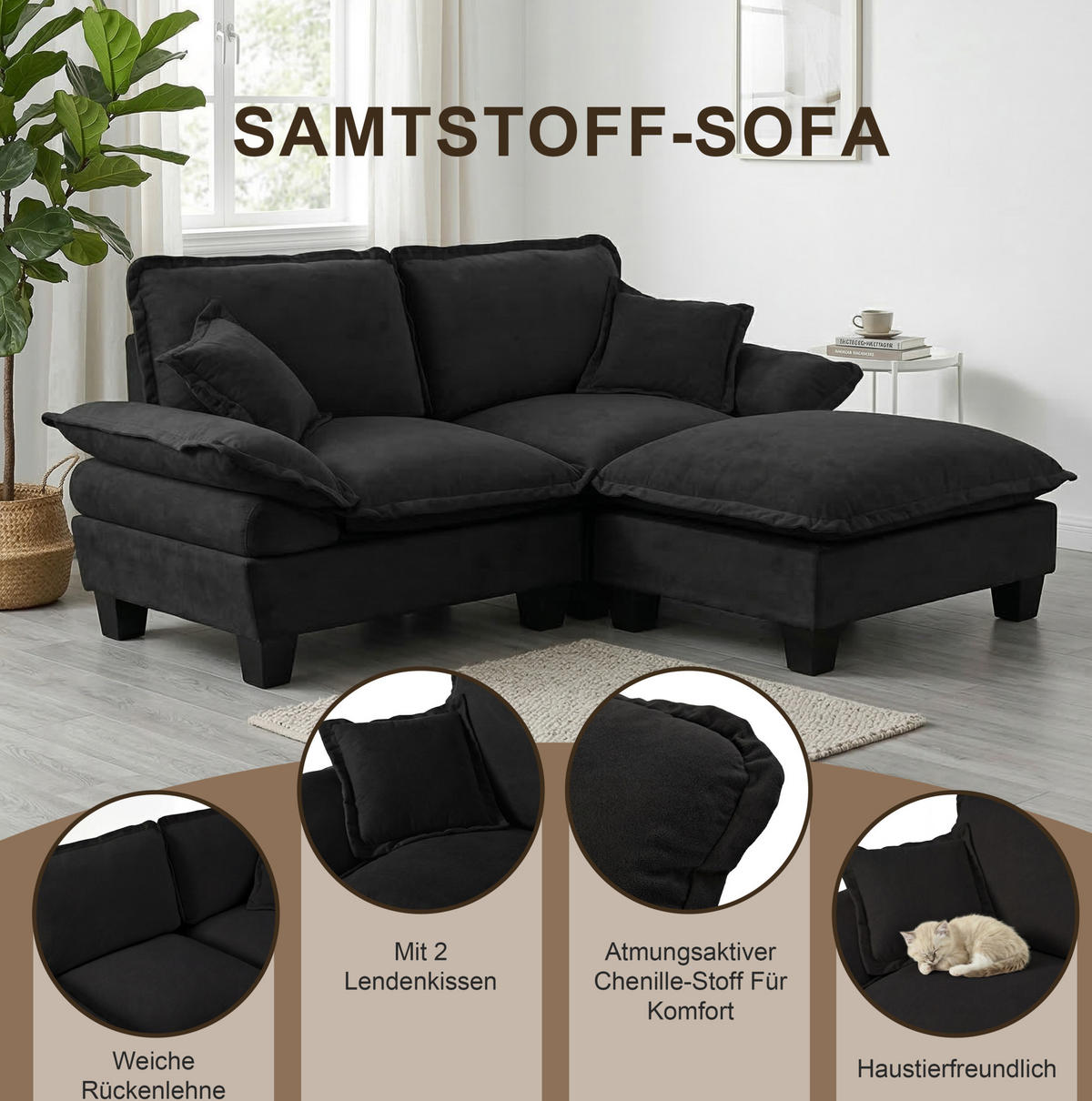 ECKSOFA 194/151/90 cm schwarz aus Chenille mit Ottomane und 2 Kissen - Schwarz, Textil (151/194cm) - OKWISH