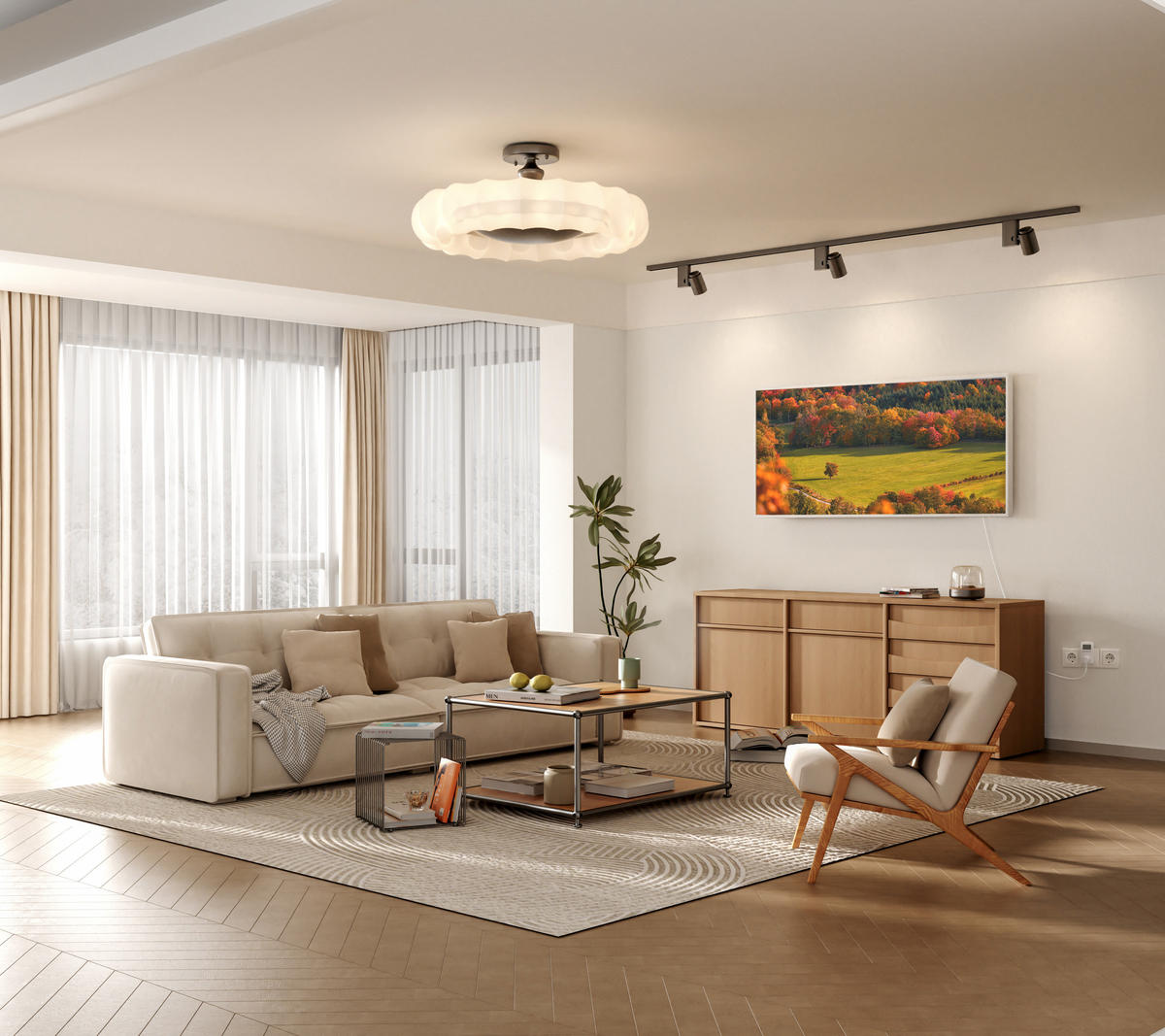 WANDKONVEKTOR Elektrisch mit dekorativem Landschaftsbild, Thermostat und WLAN App Steuerung, 119,5/59,5/2 cm - Weiß, Kunststoff/Metall (119.5/59.5/2cm) - EMKE