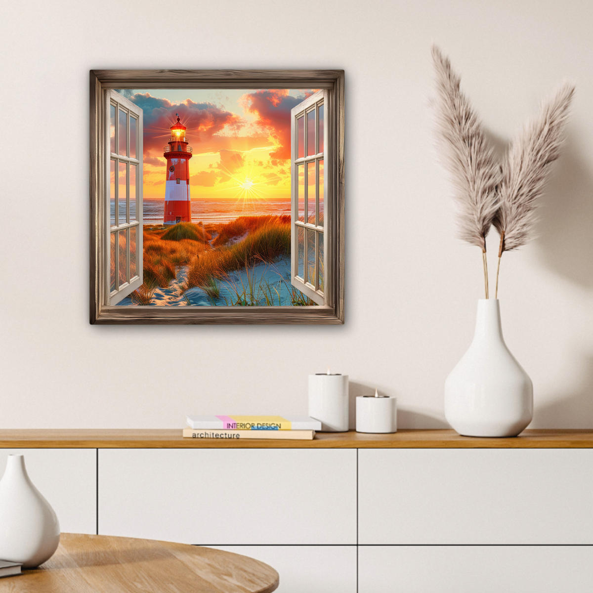 LEINWANDBILD Aussicht - Fenster - Leuchtturm - Sonnenuntergang - Strand 50x50 cm - Dunkelorange, Textil (50/50cm) - MuchoWow