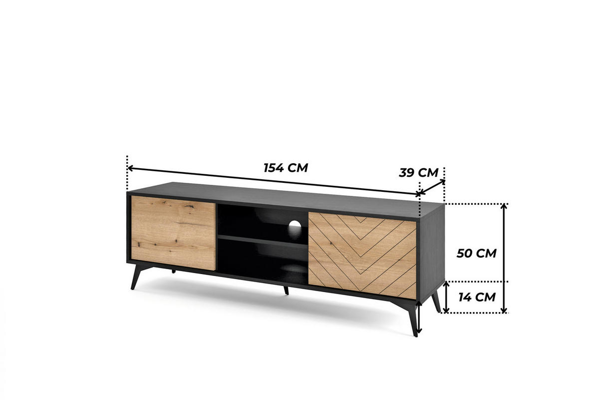 TV-BOARD DIAMOND RTV2D (Eiche Evoke, Schwarz, Fischgrätmuster, Metallfüße, Push to Open) - Eichefarben/Schwarz, Holz/Holzwerkstoff (154/50/39cm) - Ravio