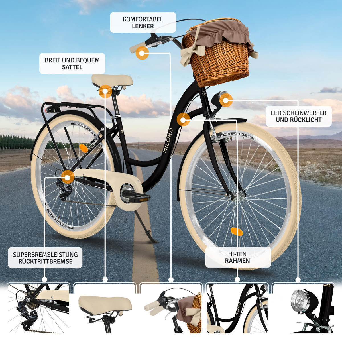 CITY-FAHRRAD Milord mit Weidenkorb, 28 Zoll, Schwarz-Creme, 7-Gang - Creme/Schwarz, Metall (46cm) - Milordbikes