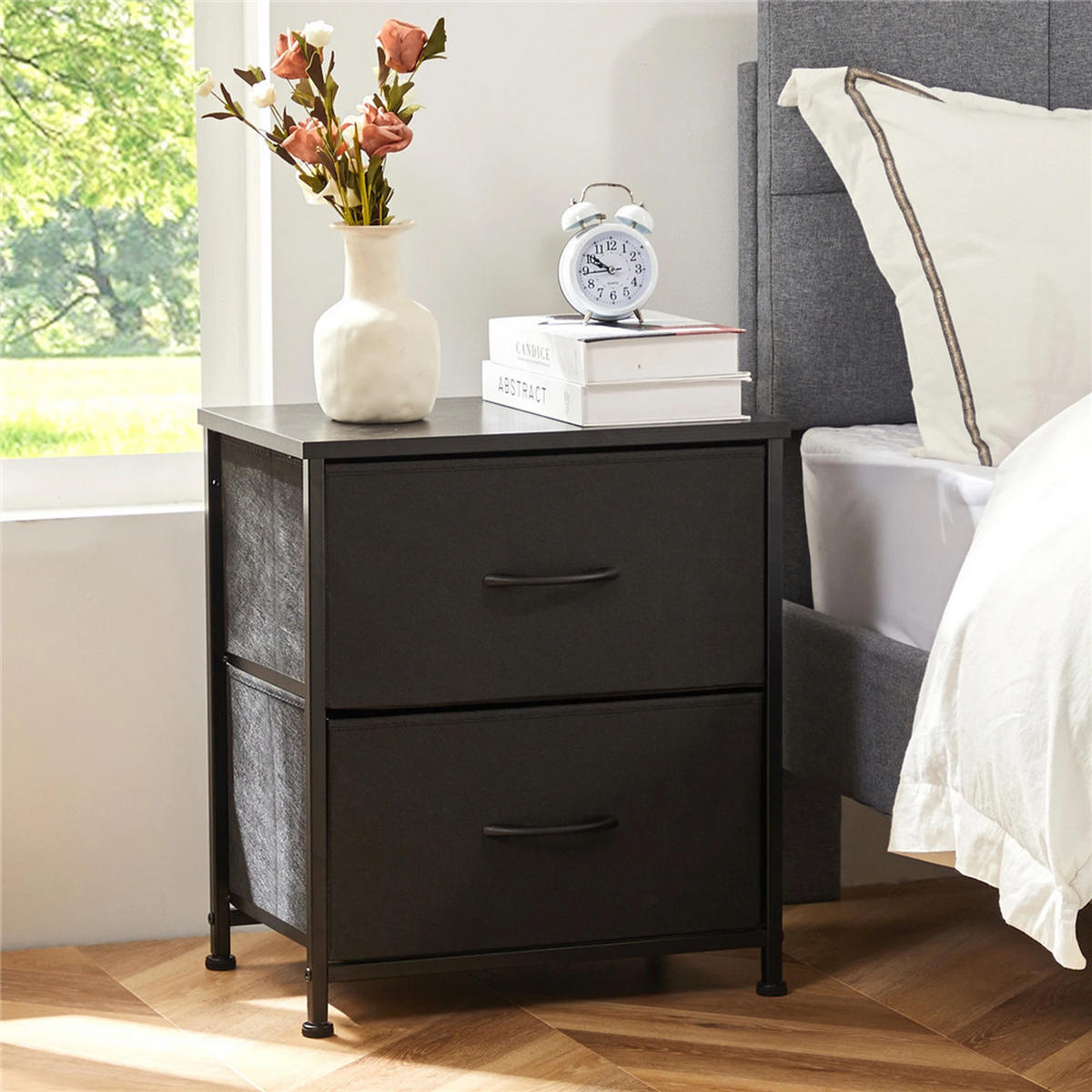 NACHTSCHRANK 2er Set 45,7/50,8/30 cm mit 2 Stoffschubladen schwarz - Schwarz, Metall (45.7/50.8/30cm) - Kaket