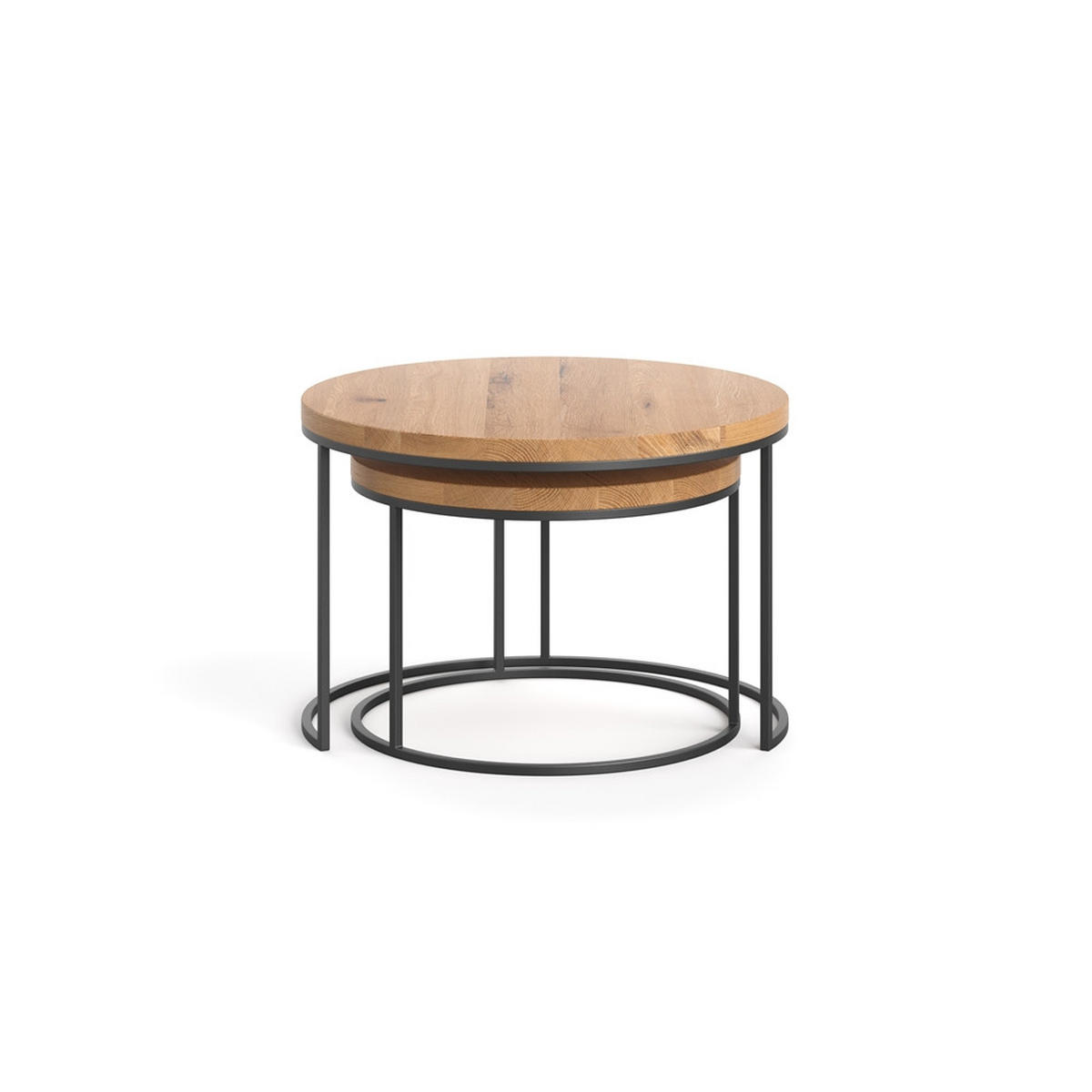 RUNDE Couchtische Mondo aus massivem Eichenholz - Eichefarben/Schwarz, Holz/Metall (70/70/47cm) - Danzz