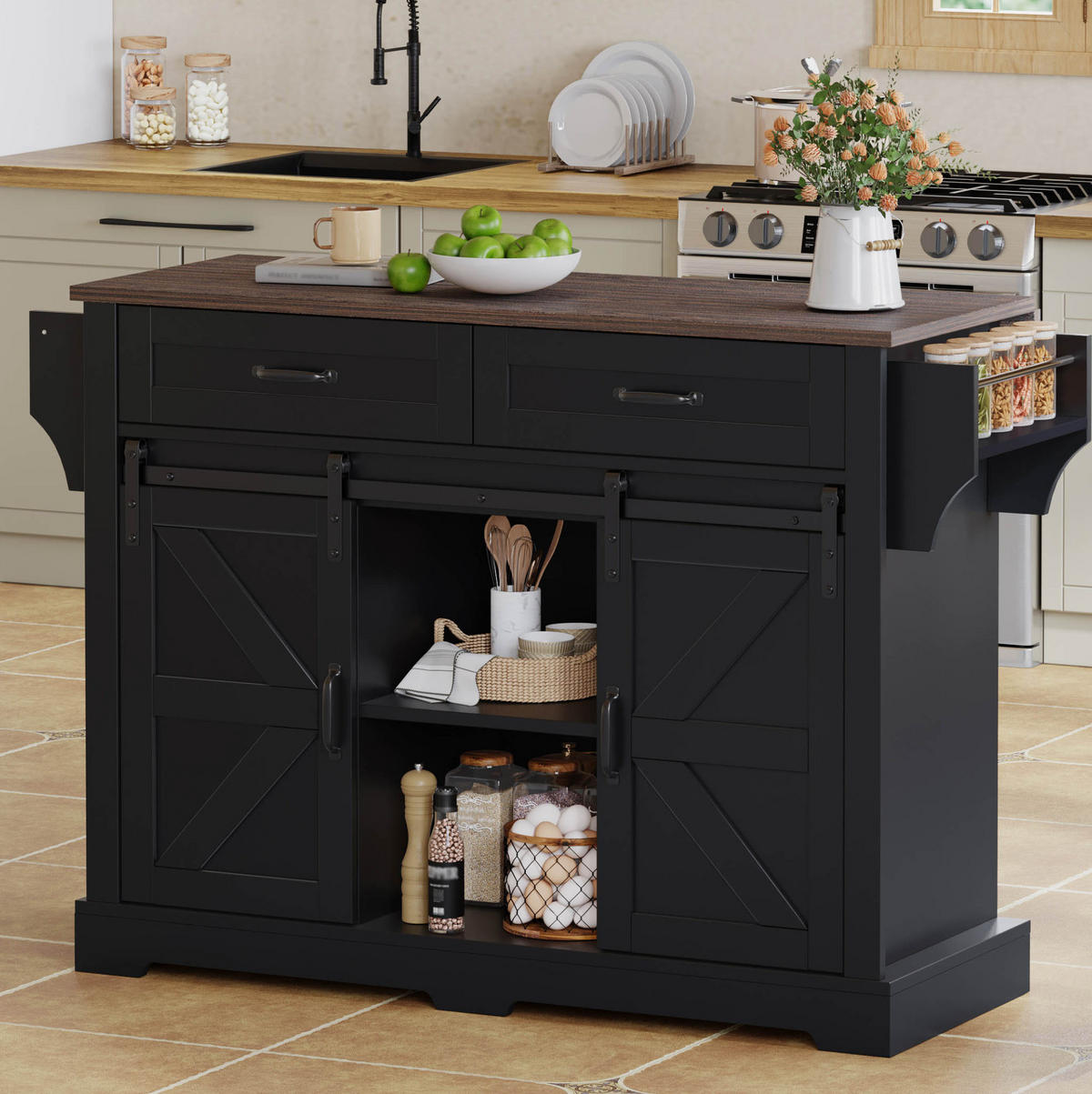 KÜCHENINSEL mit klappbarer Arbeitsplatte 120x45(70)x91 cm Schwarz - Schwarz, Holz (70/91/120cm) - Beauniv